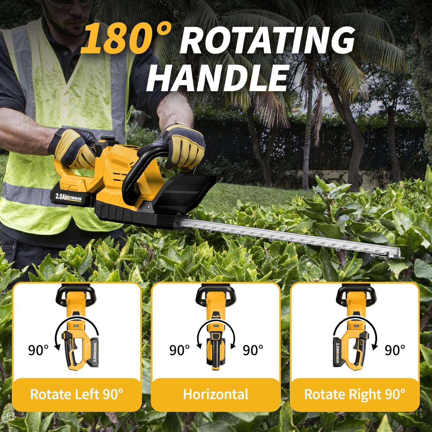 FULLYEA 20" Cordless Hedge Trimmer, Electric Shrub Trimmer with 2x2.0Ah Battery and Charger, Bush Clipper Handheld Grass Trimmer, Lightweight Hedge Cutter, Battery Powered Bush Trimmer (Yellow)