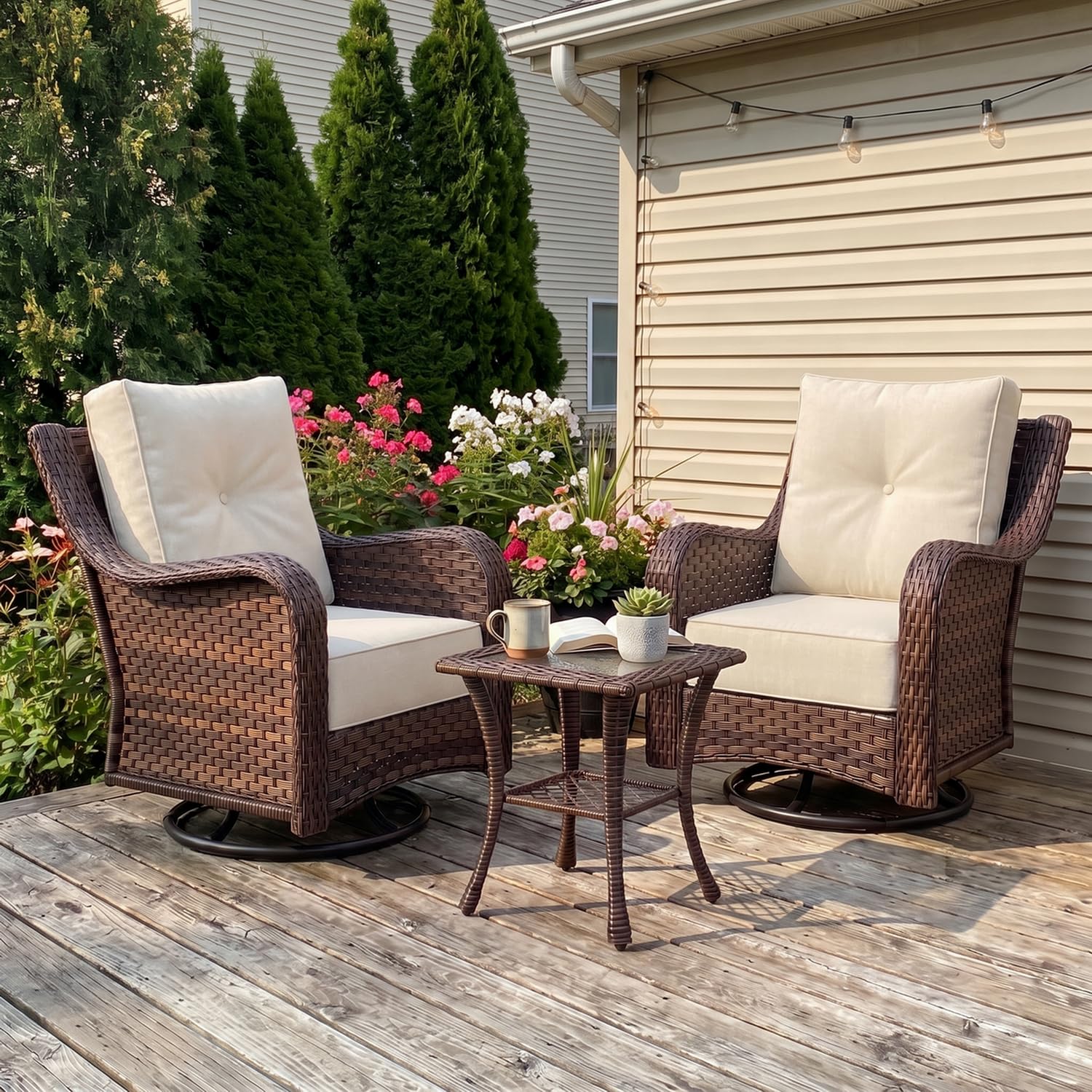 LayinSun 3 Piece Wicker Outdoor Furniture Set with 6-inch Comfy Cushions