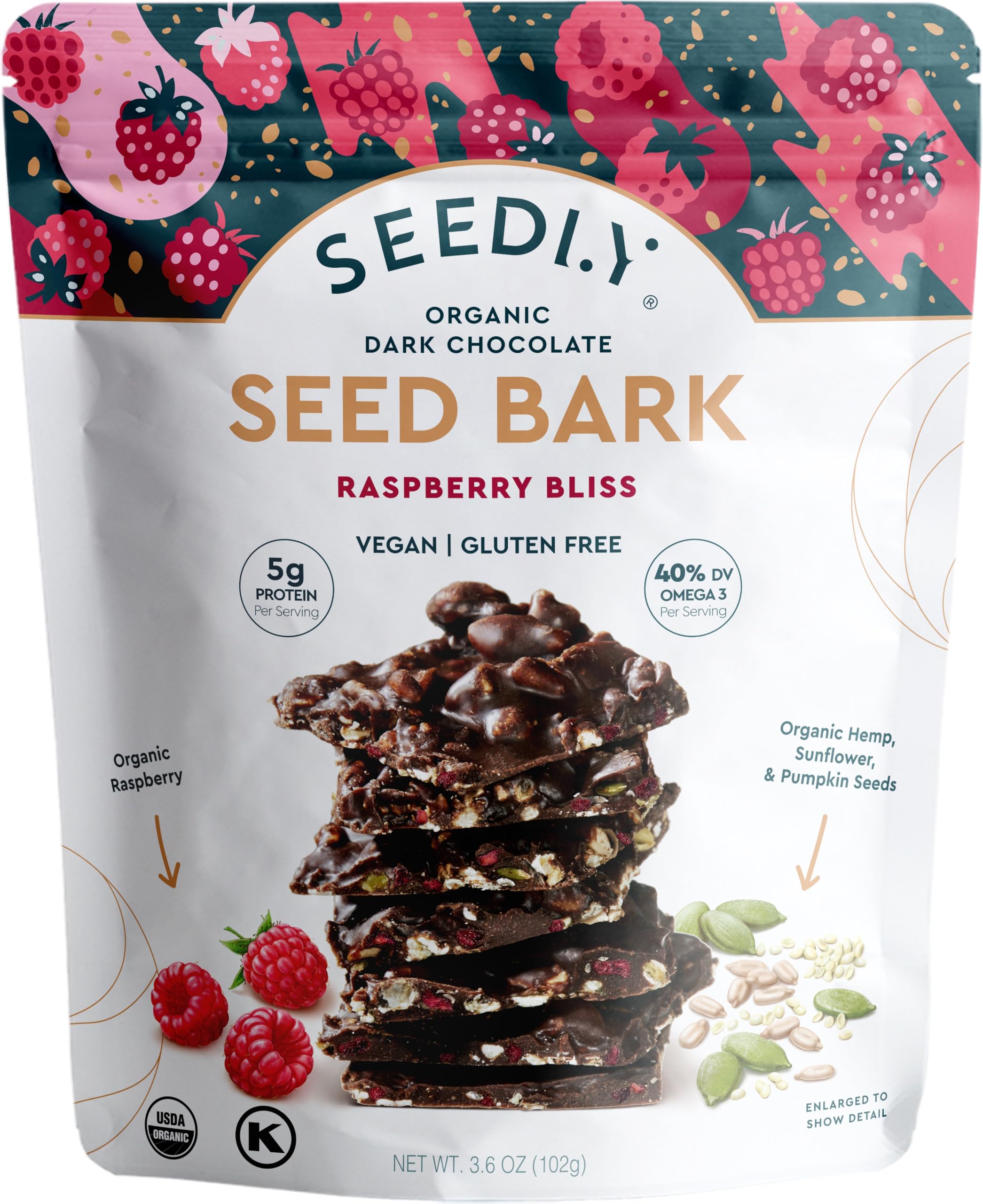 SEEDLY Organic Dark Chocolate Protein Bark - Raspberry Bliss - 1 Count, 3.6oz Bag - Vegan Snacks, Low Sugar, Gluten-Free, Low Carb, Paleo, Keto, Non-GMO, Stevia-Free, No Sugar Alcohols
