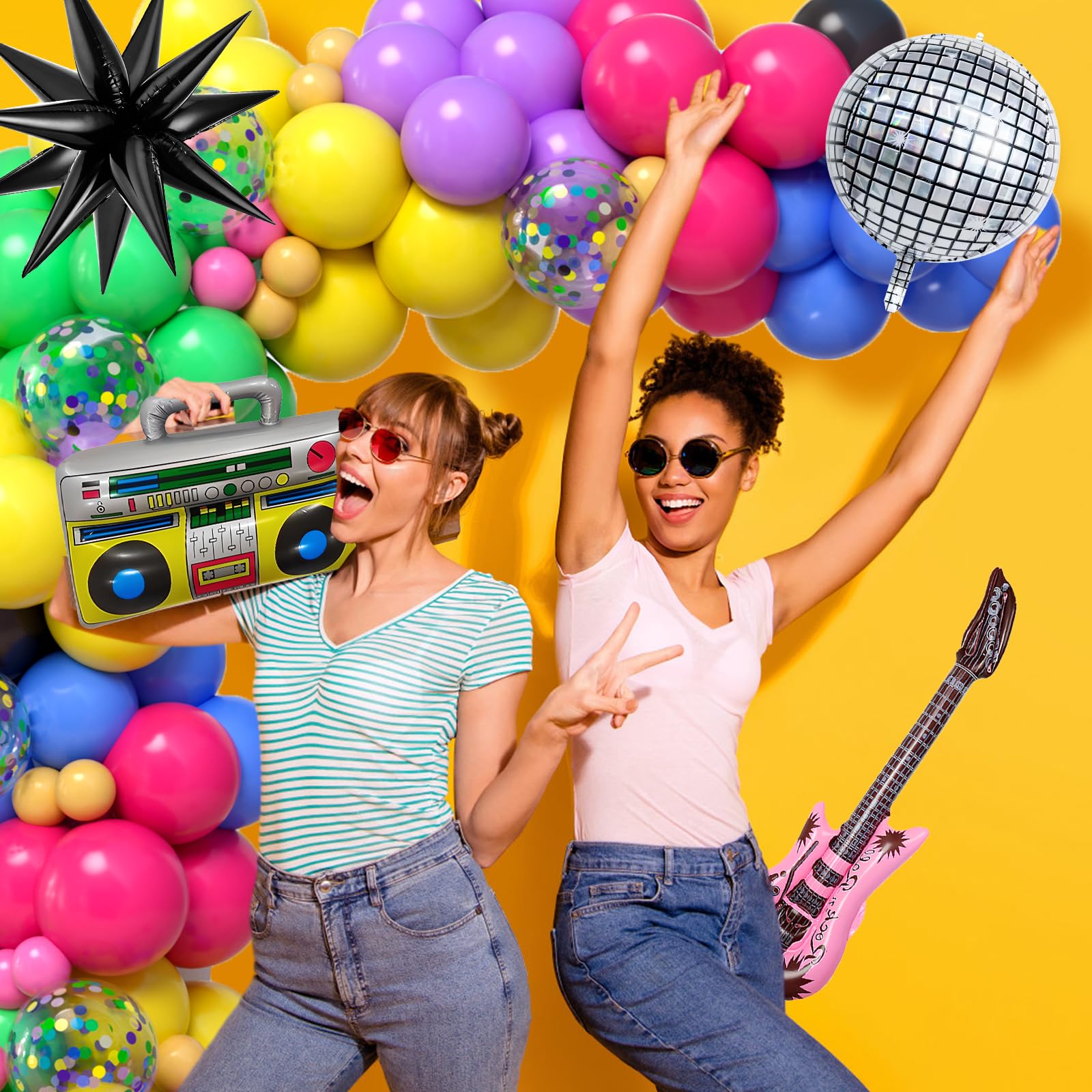 G.C Decorazioni Da Festa Anni '80 E '90, Retro Disco Tema Di Festa Con Addobbi A Forma Di Palloncino, Sfondo Colorato, Palloncini In Gomma Disco