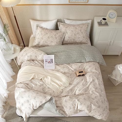 Miniatura 7 de HighBuy Juego de funda de edredón floral bohemio de algodón estético, funda de edredón de 3 piezas, reversible, color verde jardín, ligero, suave,