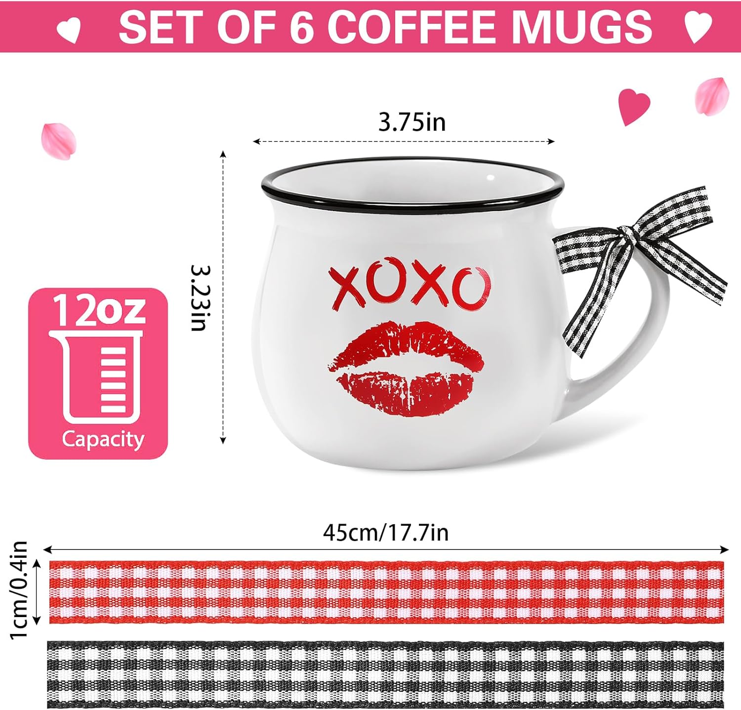 Willinglong 6 Pcs Valentine's Day Mugs 12 oz Coffee Ceramic Mug with Ribbon Bow Red White Love Words Cup Sweet Heart Coffee Cup Tiered Tray Decor Gift for Anniversary Wedding Table Centerpieces