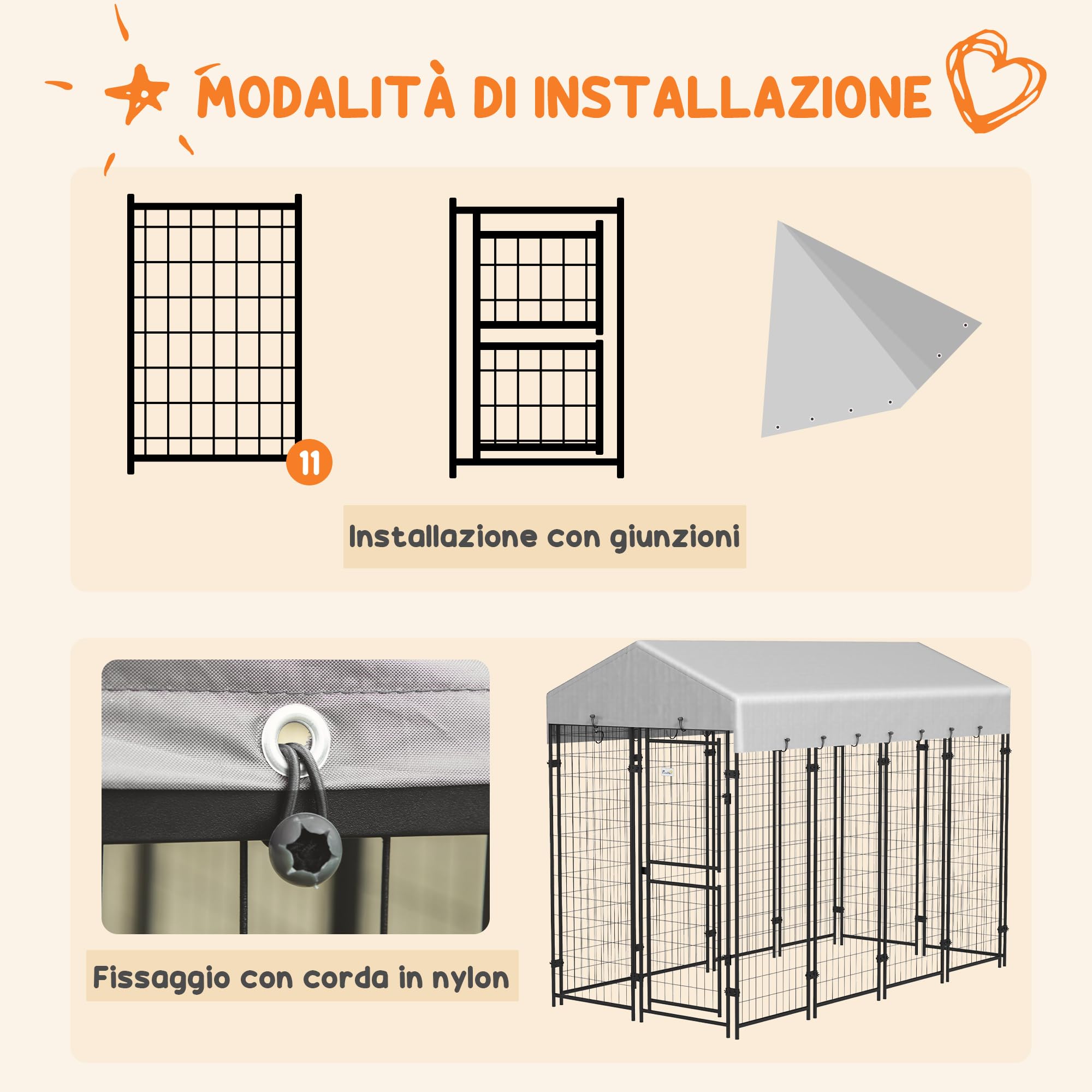 PawHut Recinto per Cani da Esterno Tetto Anti-UV 239x121x183cm Argento