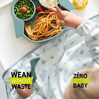 Tidy Tot Cover & Catch Weaning Bib with Sleeves. Mess-free Baby Weaning.