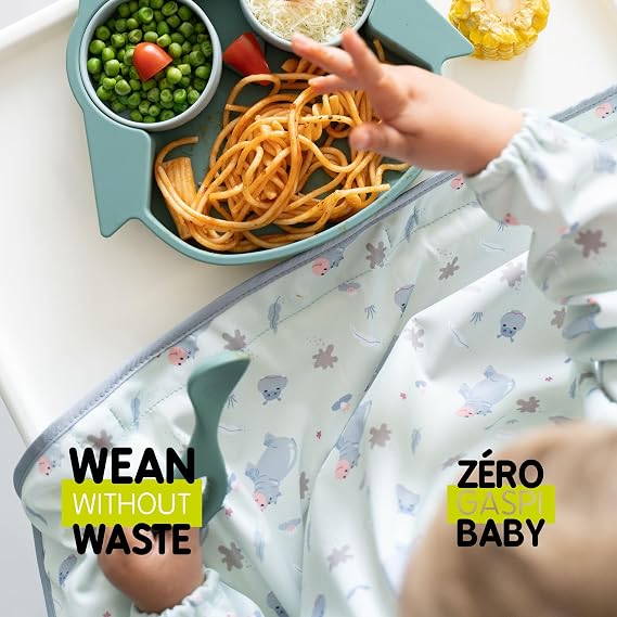 Tidy Tot Cover & Catch Weaning Bib with Sleeves. Mess-free Baby Weaning.