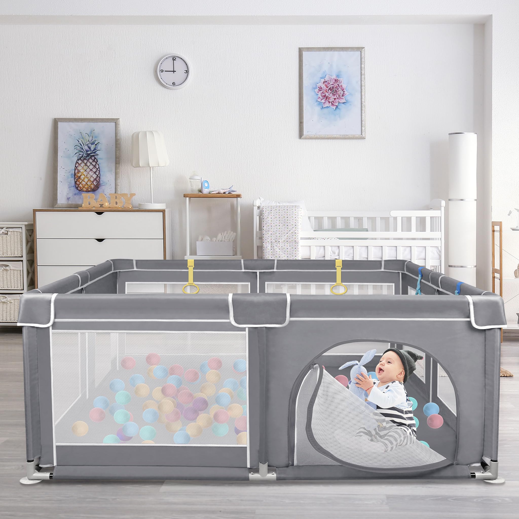 UISEBRT Parque infantil con base antideslizante y red transpirable y 50 pelotas, rejilla de barrera estable, centro de actividades para niños, gris oscuro – 150 x 180 cm