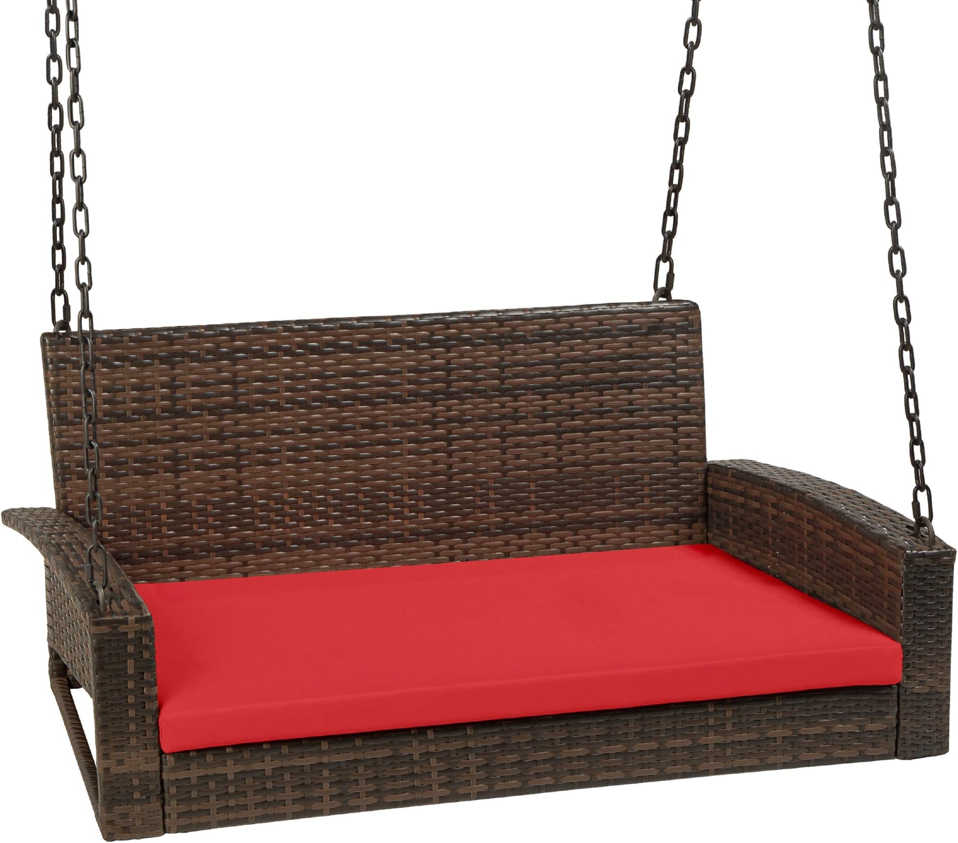 Best Choice Products Woven Wicker Outdoor Porch Swing, Hanging Patio Bench for Deck, Garden w/Mounting Chains, Seat Cushion - Brown/Red