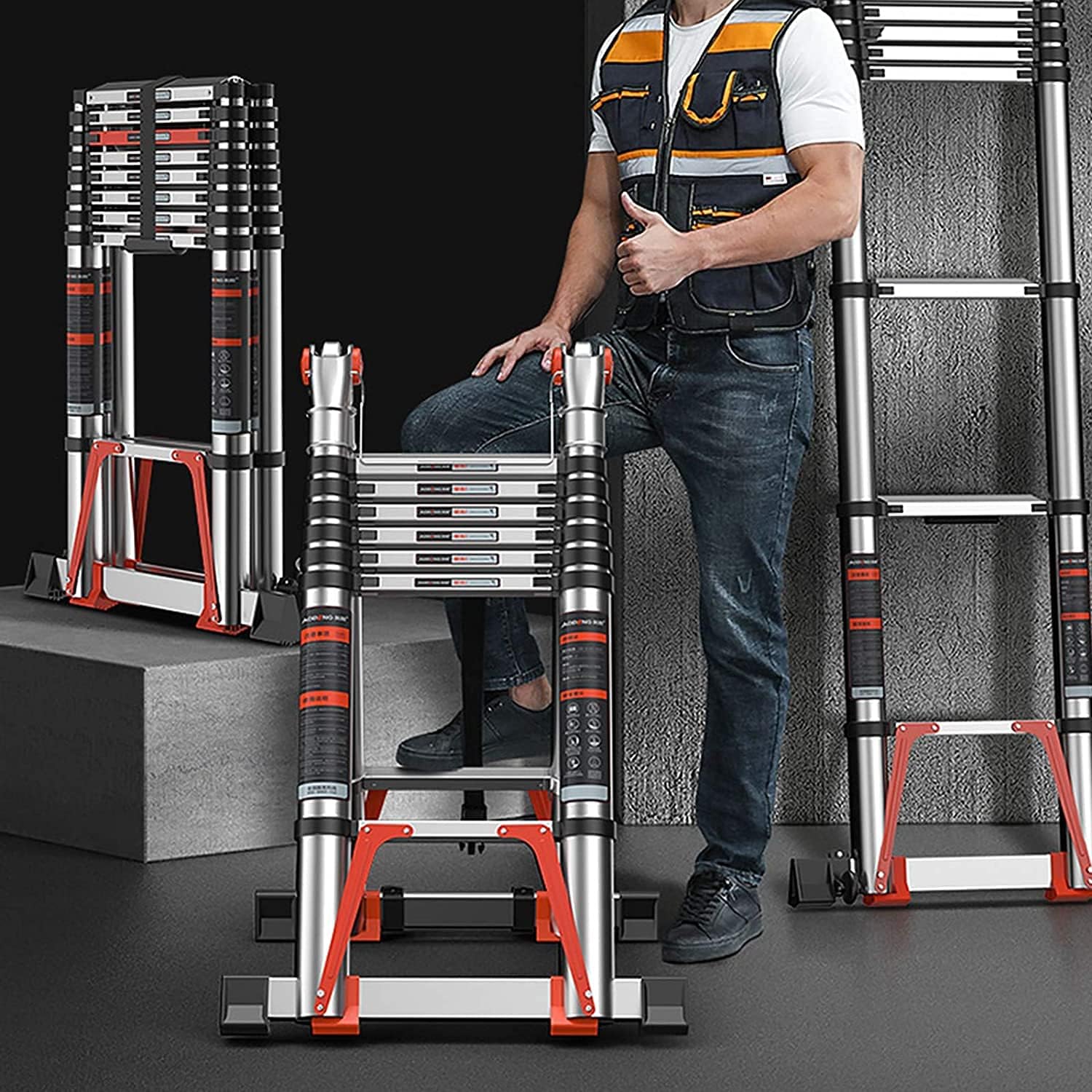 OKUOKA Premium Telescoping Ladder for Indoor Cleaning Work, Home Attic & DIY, Aluminum A-Frame Extension Ladder with Stabilizer Bar & Load 330lbs (Size : 2.25m+2.25m/7.5 ft+7.5 ft)