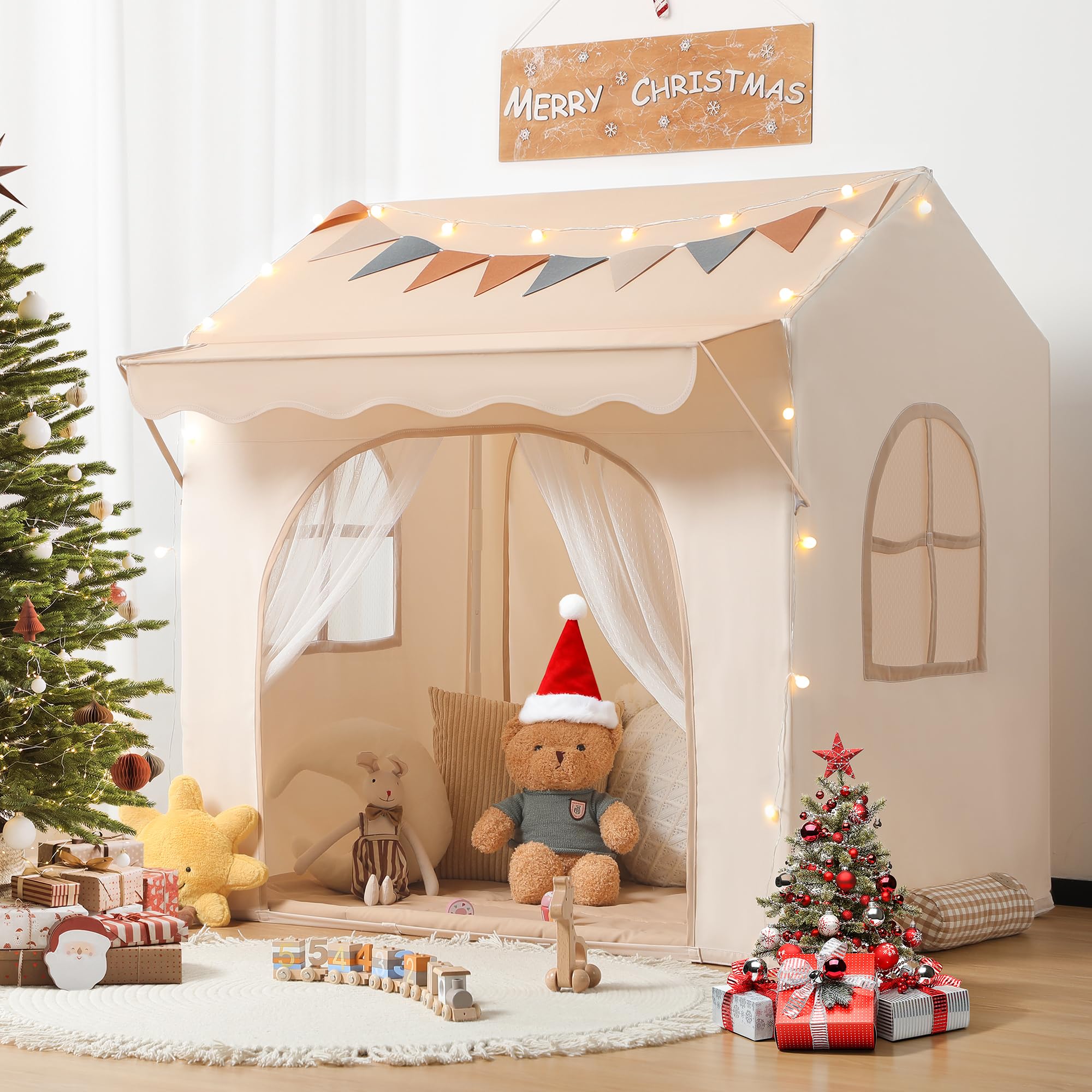 Besrey Tenda per Bambini 2-in-1, Tenda da Gioco con Tettoia per Interni ed Esterni, con Luci, Bandierine e Tappetino, Design Ampio per Lettura e Giochi Creativi - Regalo di Natale Ideale per Bambini