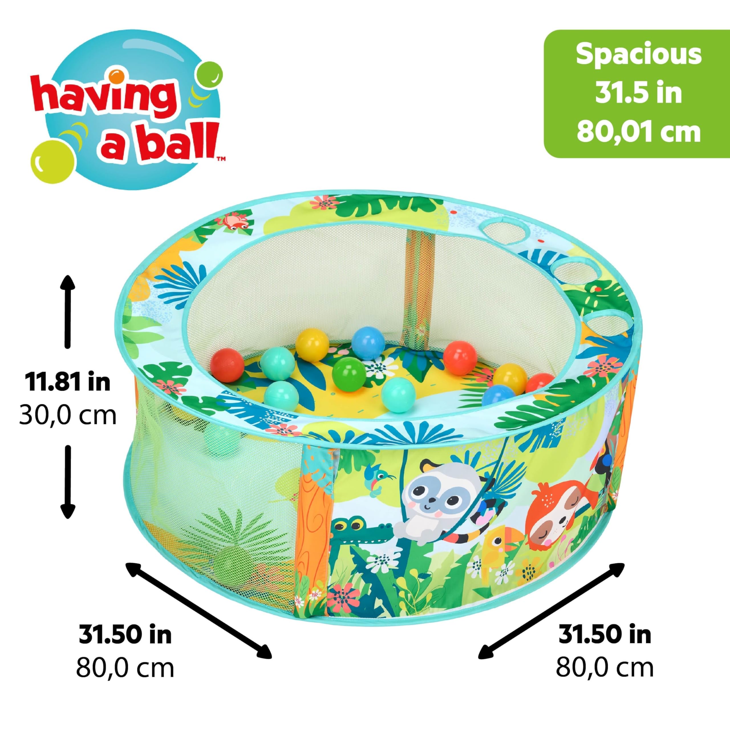 Bright Starts parc à balles pliable Rowdy Rainforest Stow & Go – 20 balles, montage facile et rangement compact, diamètre de jeu 80 cm, paroi en maille avec jeu coucou, sac de rangement inclus, 6M+