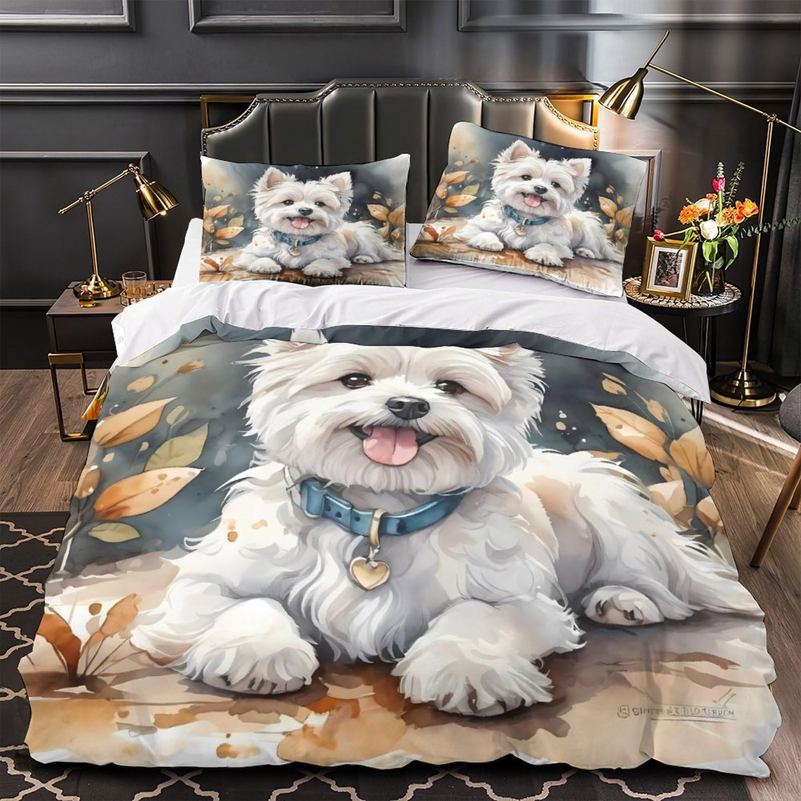 MMDASBVPE Cute White Dog Quilt Cover 3D Print Anti-allergic 3 Pieces Bed Set Hidden Zipper Duvet Cover Ultra Soft All Season for Adults Kids Teens Women Youth Teenagers Double（200x200cm）