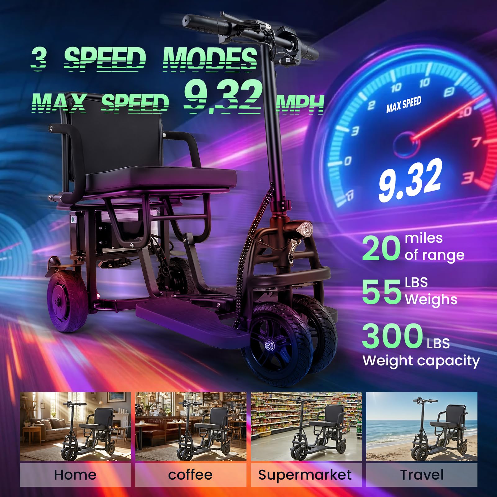 New Upgrade Folding Mobility Scooters for Adults, 9.32mph 4 Wheel Ultra Lightweight Travel Mobility Scooters, Foldable Portable Power Scooters for Seniors, with Basket & Cup Holde, Dust Cover