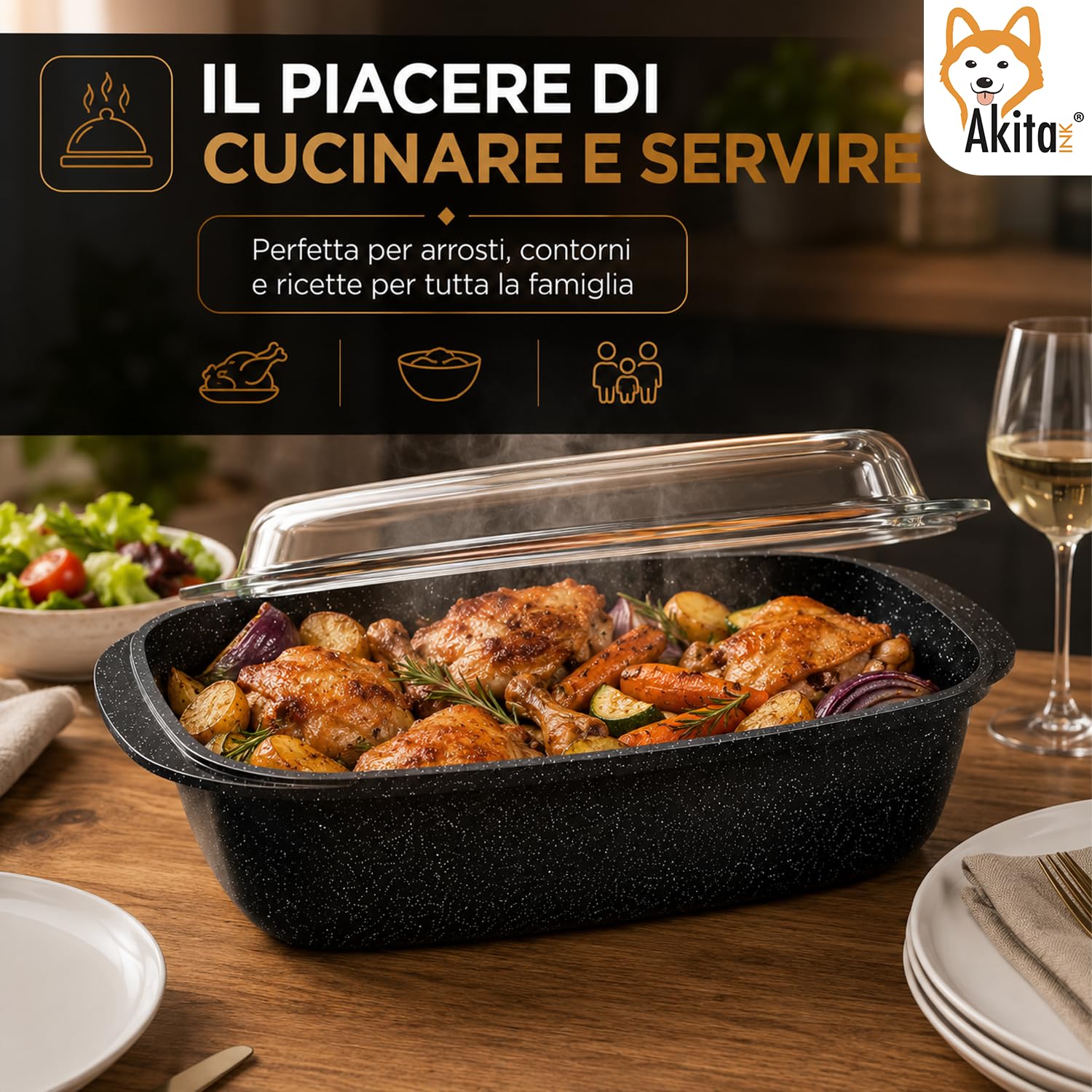 Akitaink Rostiera con Coperchio 32,5x21 cm, Teglia in Alluminio Pressofuso Antiaderente con Coperchio in Vetro, per Forno, Lavabile in Lavastoviglie