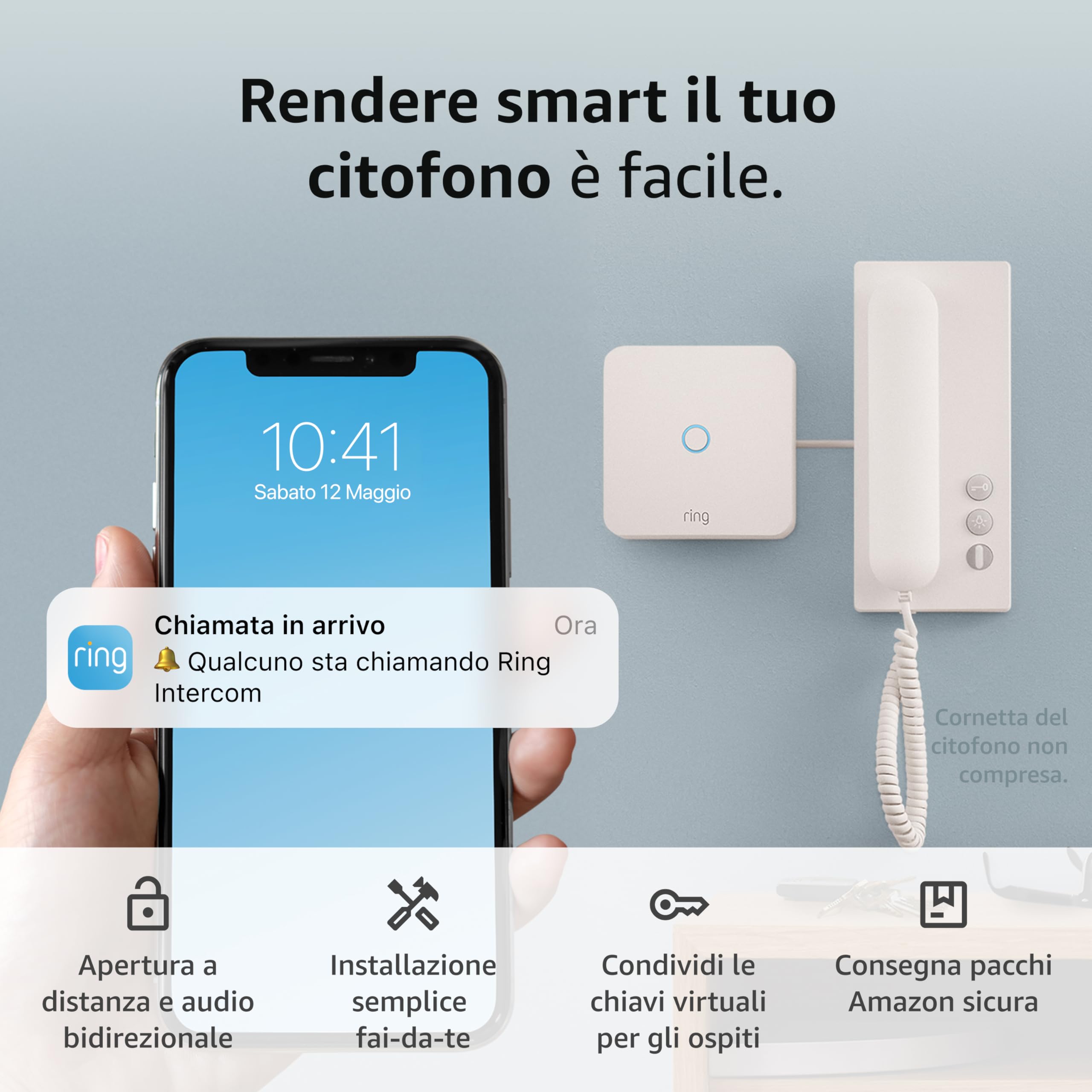 Ring Intercom con Batteria a sgancio rapido aggiuntiva di Amazon | Citofono migliorato, Sblocco da remoto, Verifica automatica, Montaggio fai-da-te (citofono compatibile necessario)