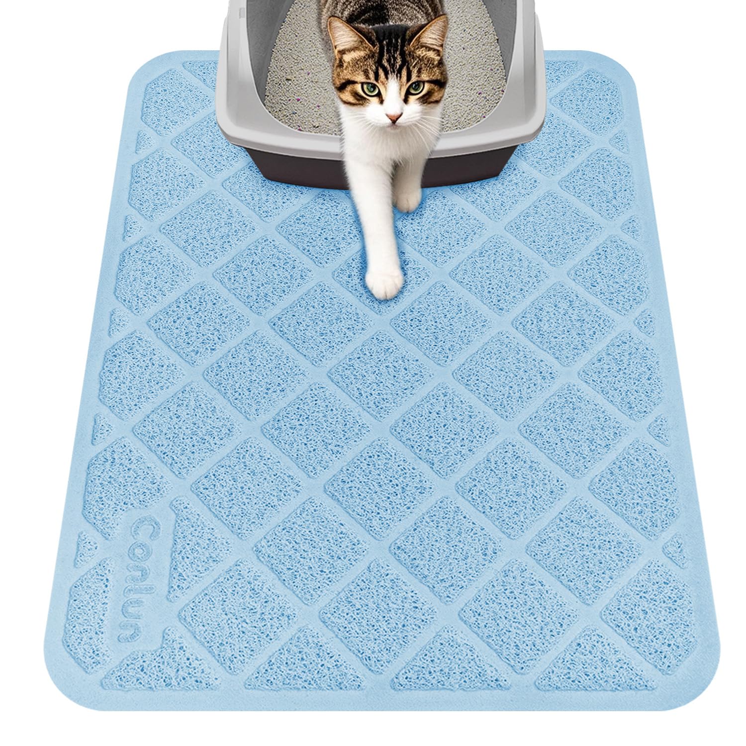 Conlun Cat Litter Mat Litter Trapping Mat, Premium Durable PVC Grid Mesh with Scatter Control, Non-Slip, Less Waste Cat Litter Box Mat, Soft on Kitty’s Paws, Urine Waterproof, 24" x 17" Light Blue