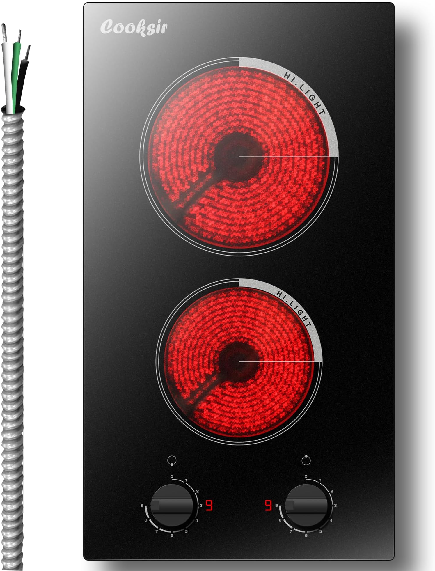 2 Burner Electric Cooktop 220V - 12 Inch Built-in Electric Stove Top 3000W, Radiant Electric Stovetop with 9 Power Level, Knob Control, Auto Shut Down Protection, 220-240V Hard Wired (No Plug)