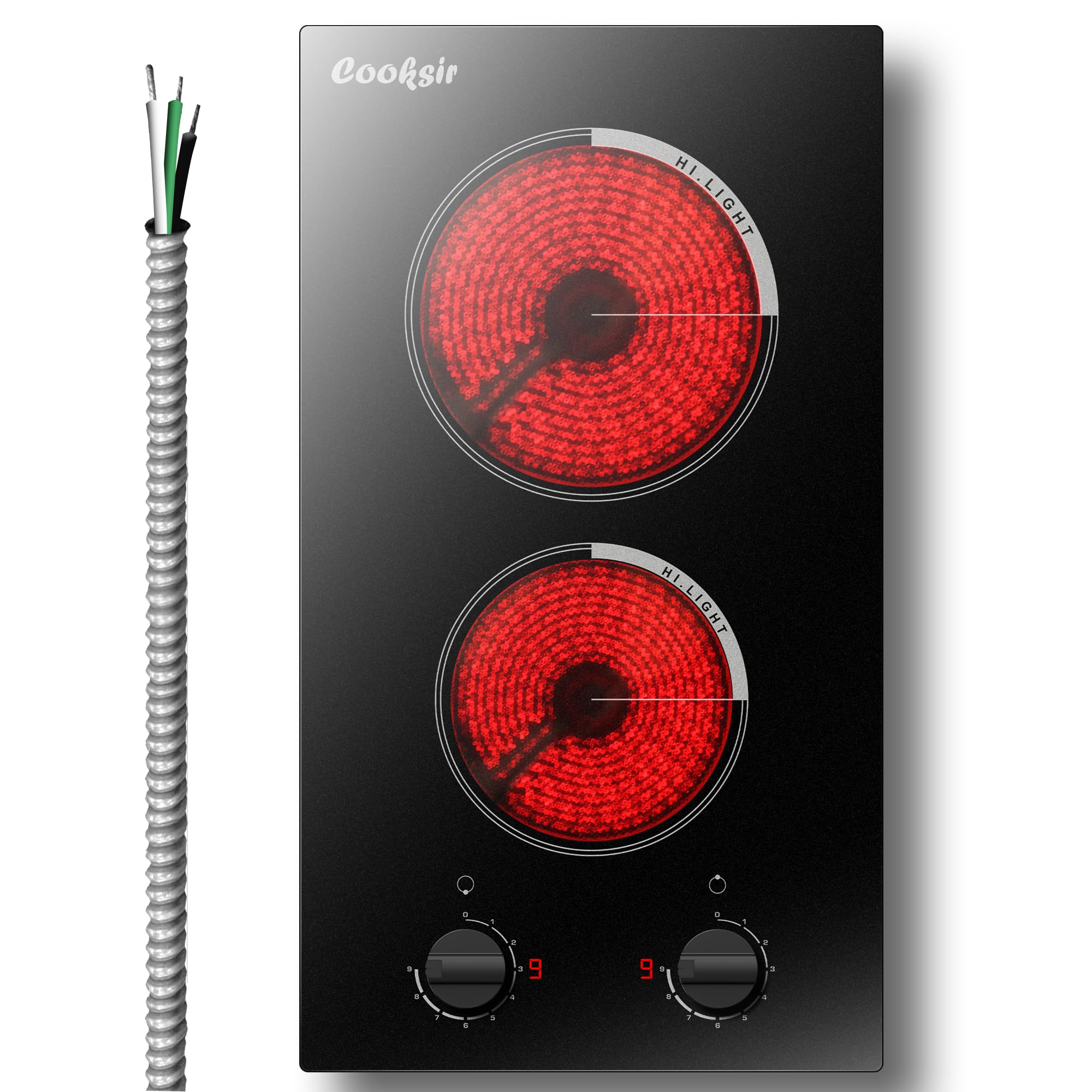 2 Burner Electric Cooktop - 12 Inch Built-in Electric Stove Top 3000W, Radiant Electric Stovetop with 9 Power Level, Knob Control, Auto Shut Down Protection, 220-240V Hard Wired (No Plug)