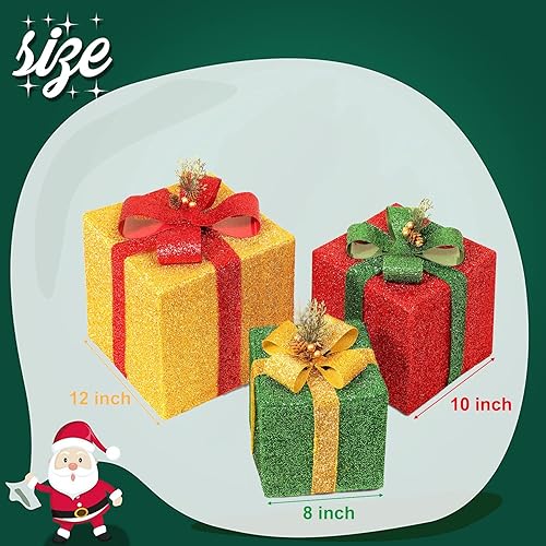 Miniatura 7 de Urvoix Cajas de regalo iluminadas de Navidad, juego de 3 cajas con 90 luces LED, decoraciones de Navidad iluminadas para interiores y exteriores,