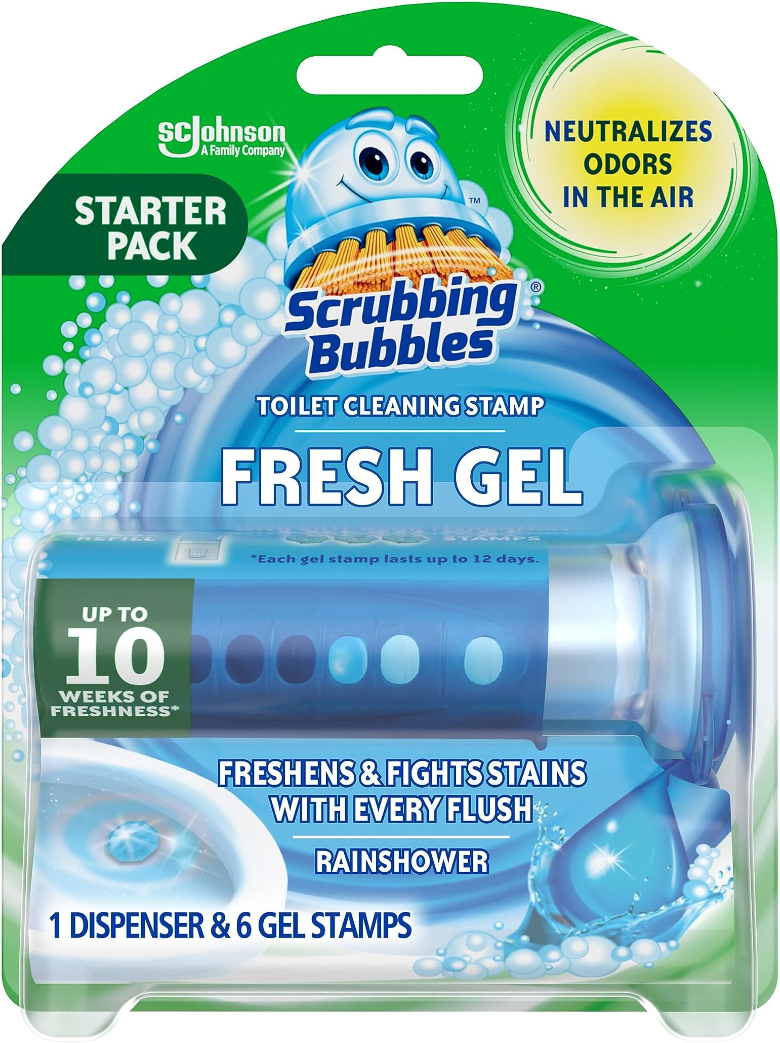 Fresh Gel Toilet Bowl Cleaning Stamps, Helps Keep Toilet Clean and Helps Prevent Limescale & Rings, Rainshower Scent, 1 Dispenser with 6 Fresh Gel Stamps
