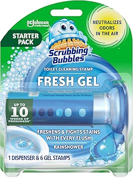 Scrubbing Bubbles Fresh Gel Toilet Bowl Cleaning Stamps, Helps Keep Toilet Clean and Helps Prevent Limescale & Rings, Rainshower Scent, 1 Dispenser with 6 Fresh Gel Stamps