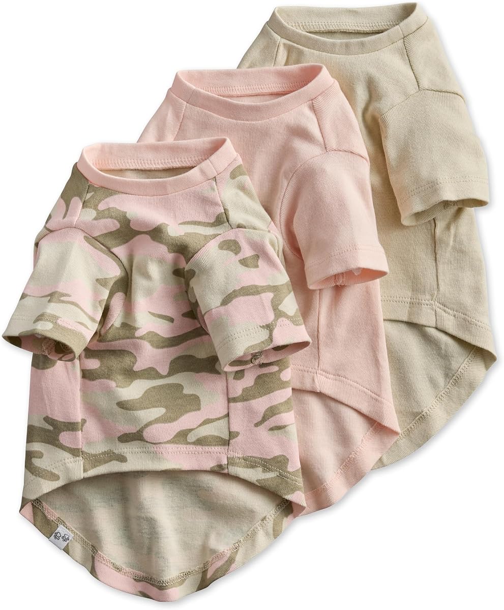 Pet Passion Toby 3-Pack 100% Organic Cotton Dog Short Sleeve T-Shirt Pet Tees for All Breeds, Pink Camo, Small (10-25 lbs)