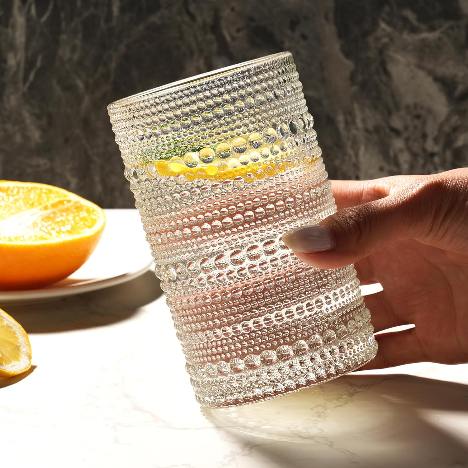 Moretoes Drinking Glasses Set of 12,12 Oz Hobnail Highball Glasses Clear Embossed Boho Water Glass Cups Kitchen Bar Tumbler Glassware Set for Whiskey, Beer, Juice, Milk and Various Mixed Drinks