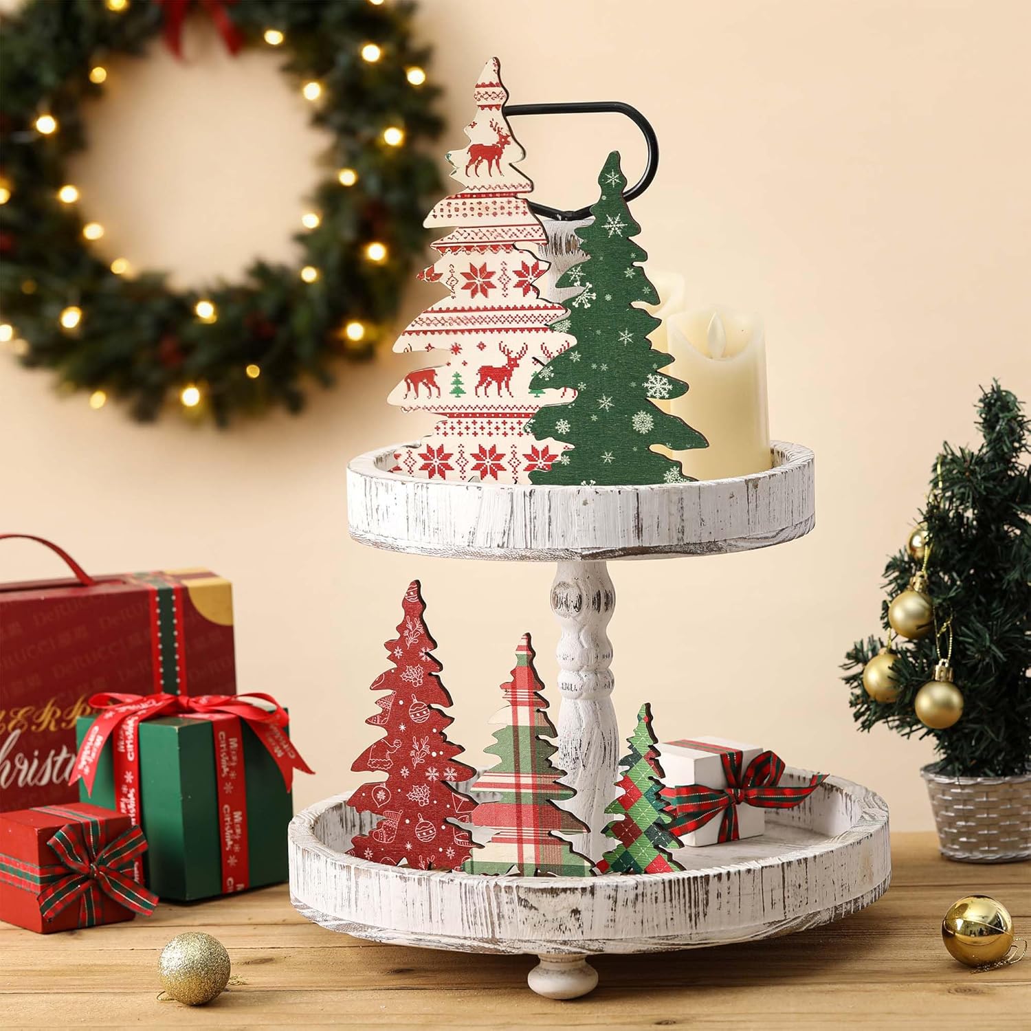 5 Pcs Wooden Christmas Tree Tabletop Decorations, Small Christmas Tree Set for Table Mantel Shelf Office Decor, Xmas Tiered Tray Decor, Xmas Tabletop Decoration - Image 3