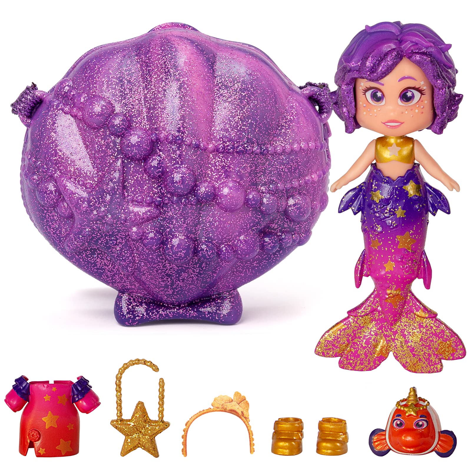 KOOKYLOOS - 1 lalka z 3 różnymi, unikalnymi minkami! Syrenka STAR Mermaid z 1 muszlą-torebką, 1 syrenim ogonem, 1 zwierzątkiem, ubraniami i akcesoriami.