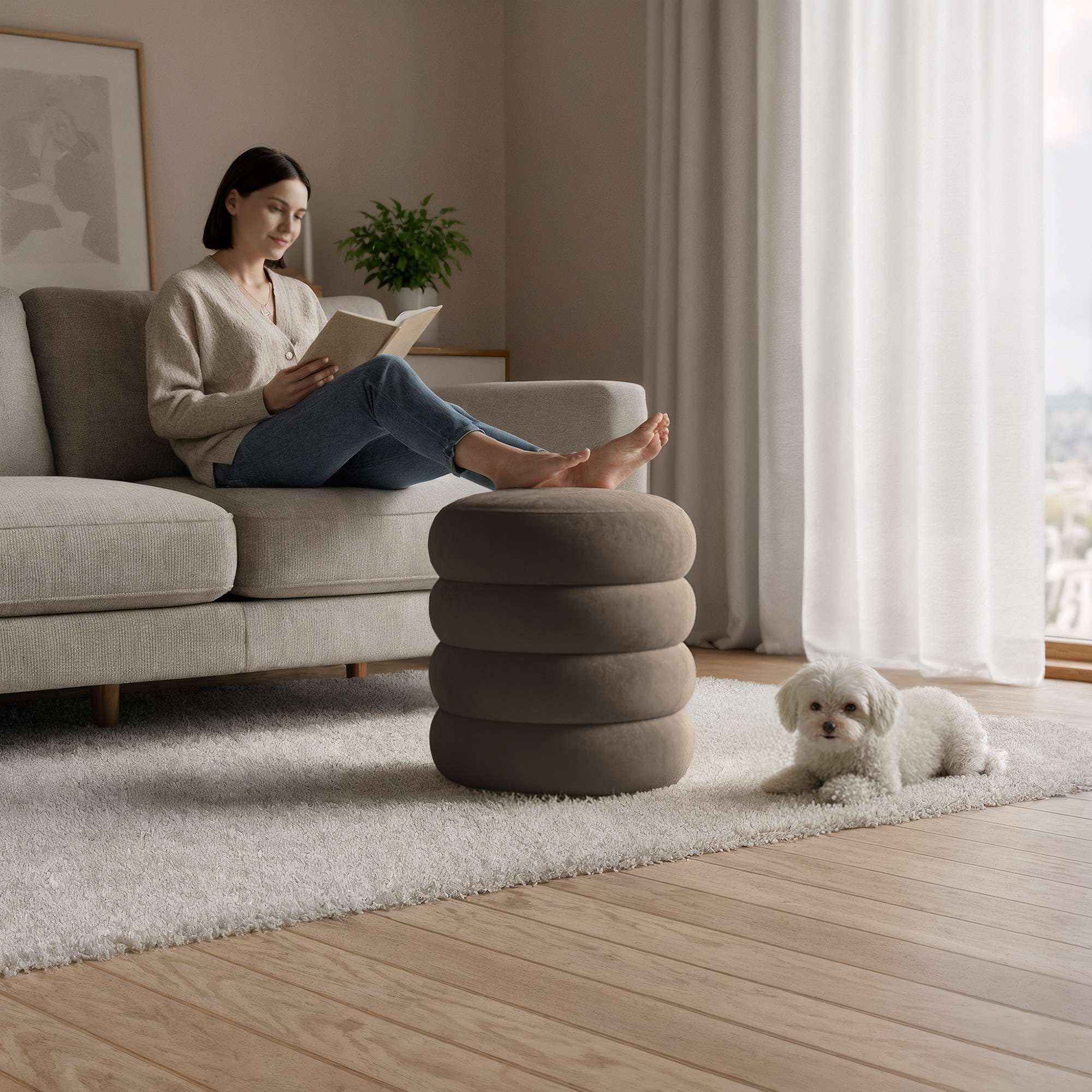 AKORD Tabouret en Velours avec Rangement SNUGGO 42 cm, Rond Ottoman, Rembourré, Repose-Pieds, 42 x 44,5 x 42 cm, pour Entrée Salon Chambre à Coucher, Coiffeuse, Marron