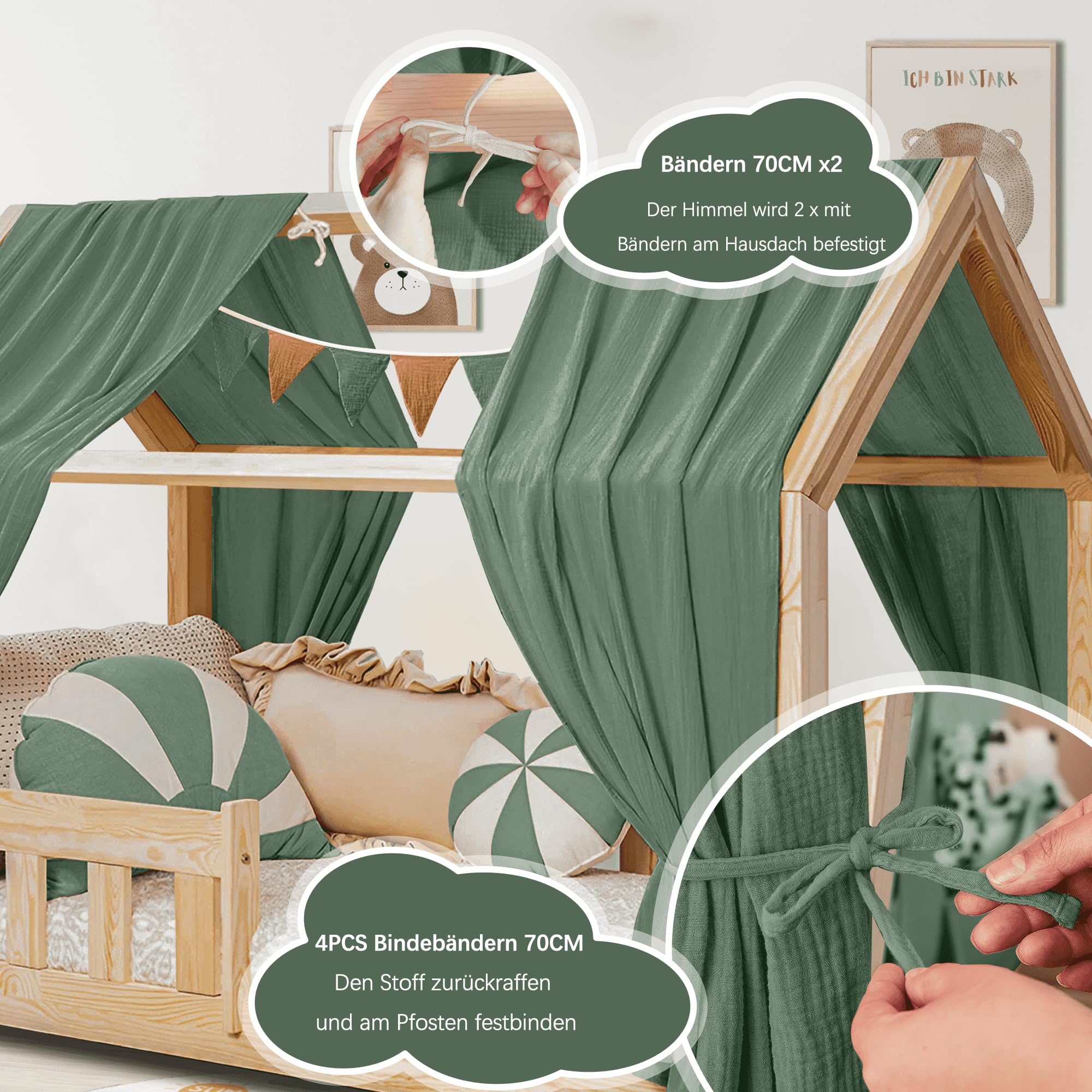 Décoration Chambre Enfant Ciel De Lit Mousseline Enfant - Kit Décoration Avec Guirlande Fanions, Gris Clair, 67x320cm Décoration Romantique