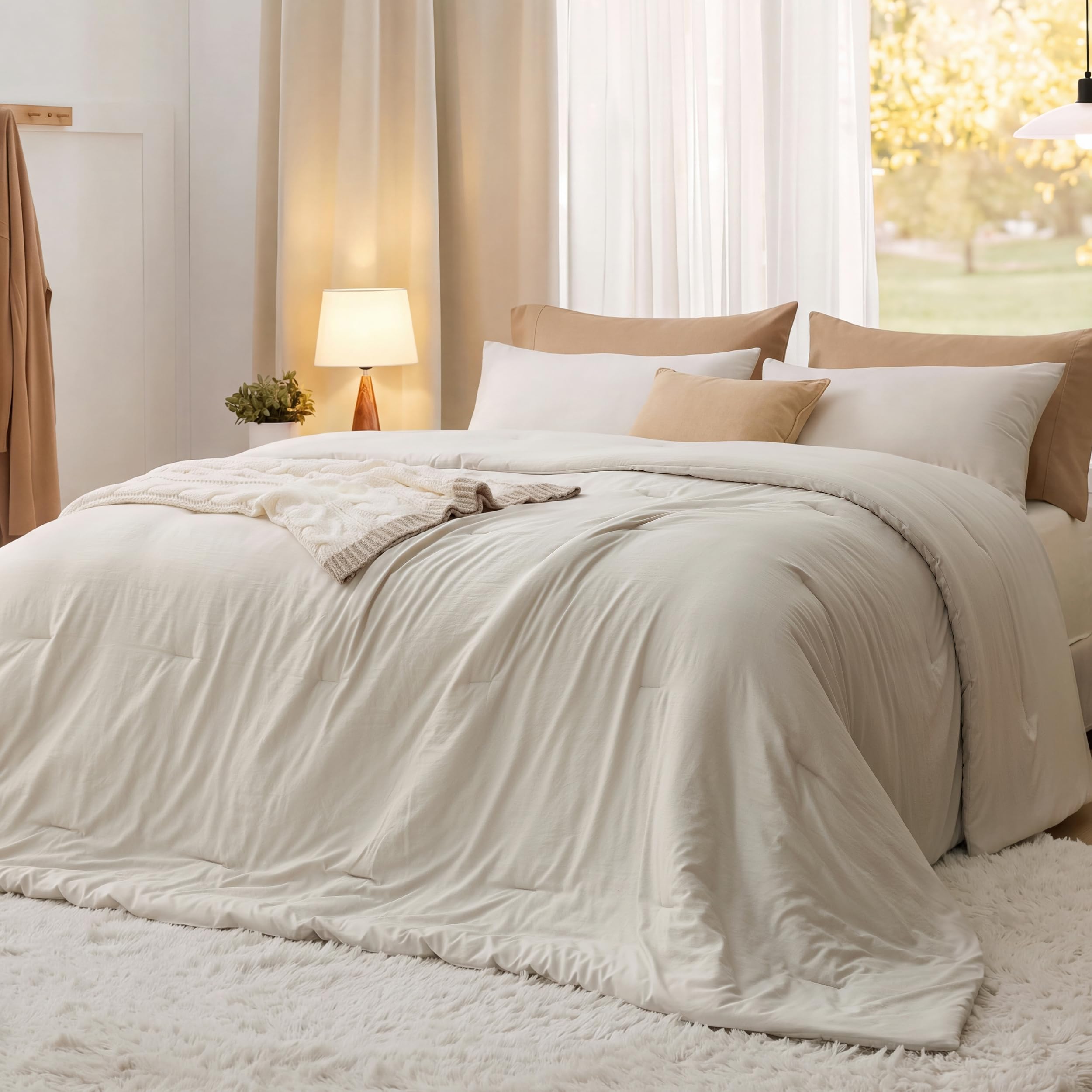 Bedsure Super King Plus Comforter Set Prewashed Soft 3Pcs Beige 128"x120"