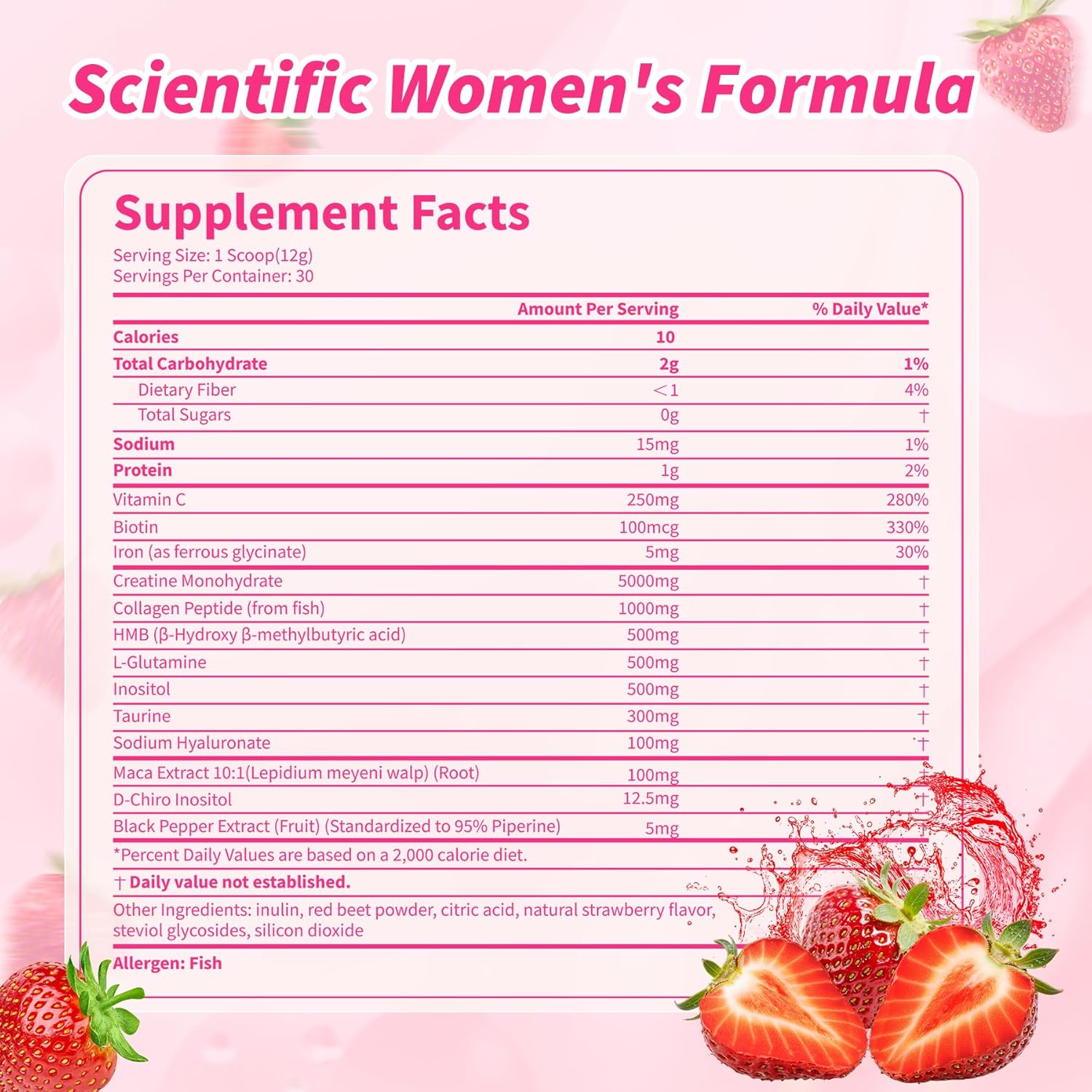 Creatine HMB for Women 5g Micronized Creatine Monohydrate Powder with Collagen Pre Workout Supplement for Muscle Support Energy & Endurance Sugar Free,Strawberry Flavor 30 Servings - Image 9