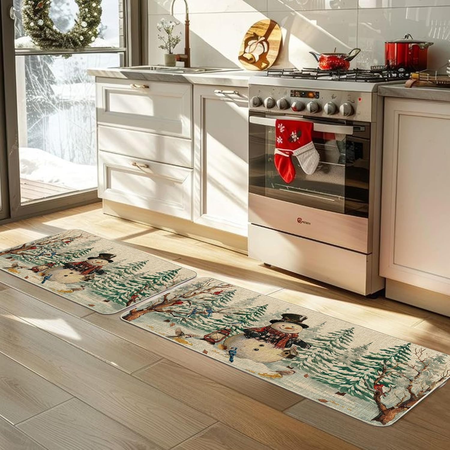 Winter Snowman Forest Welcome Doormat, Christmas Snowflakes Red Bird Doormats Seasonal Front Door Mat Non-Slip Entrance Mat Low Profile Kitchen Floor Rug Decor for Home Patio 17 x 29 Inch