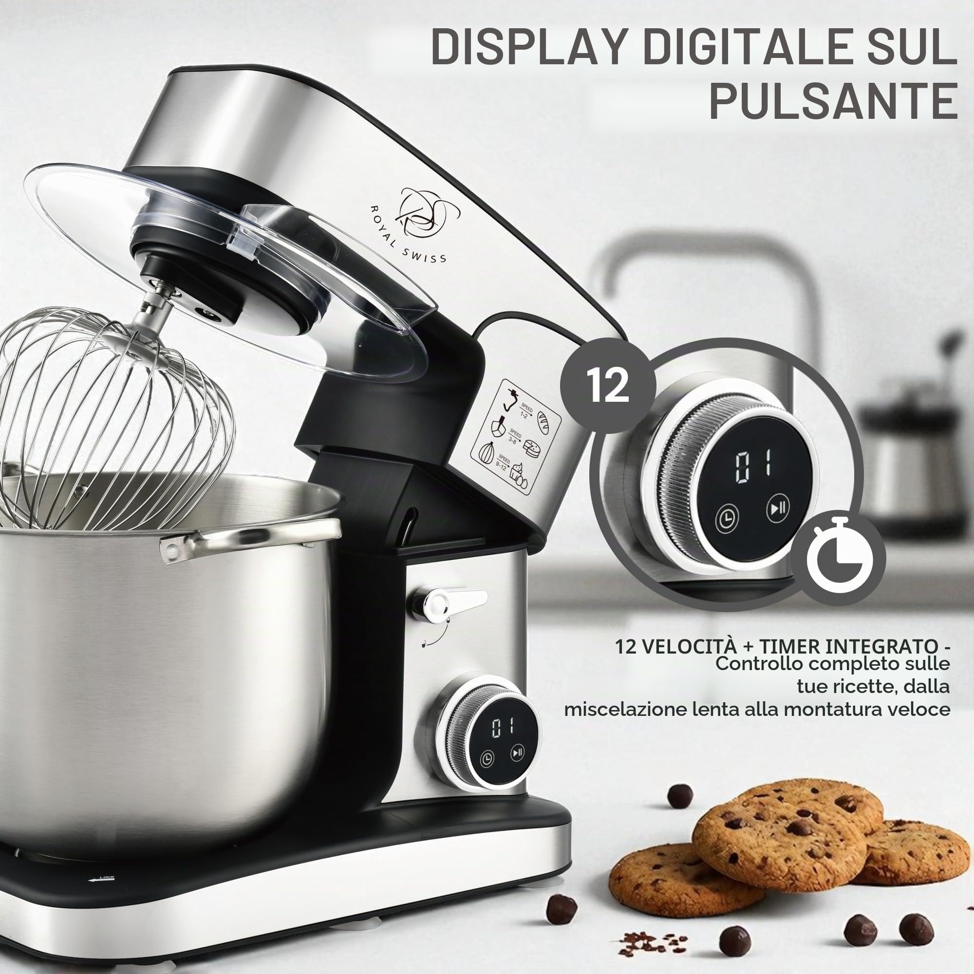 Royal Swiss® Impastatrice Planetaria Professionale 2800W 16L XXXXL – Robot da Cucina con 12 Velocità, Timer LED Touch, Ciotola Inox, Tritacarne, Gancio, Frusta – Mixer per Pane, Pizza, Dolci (16L)