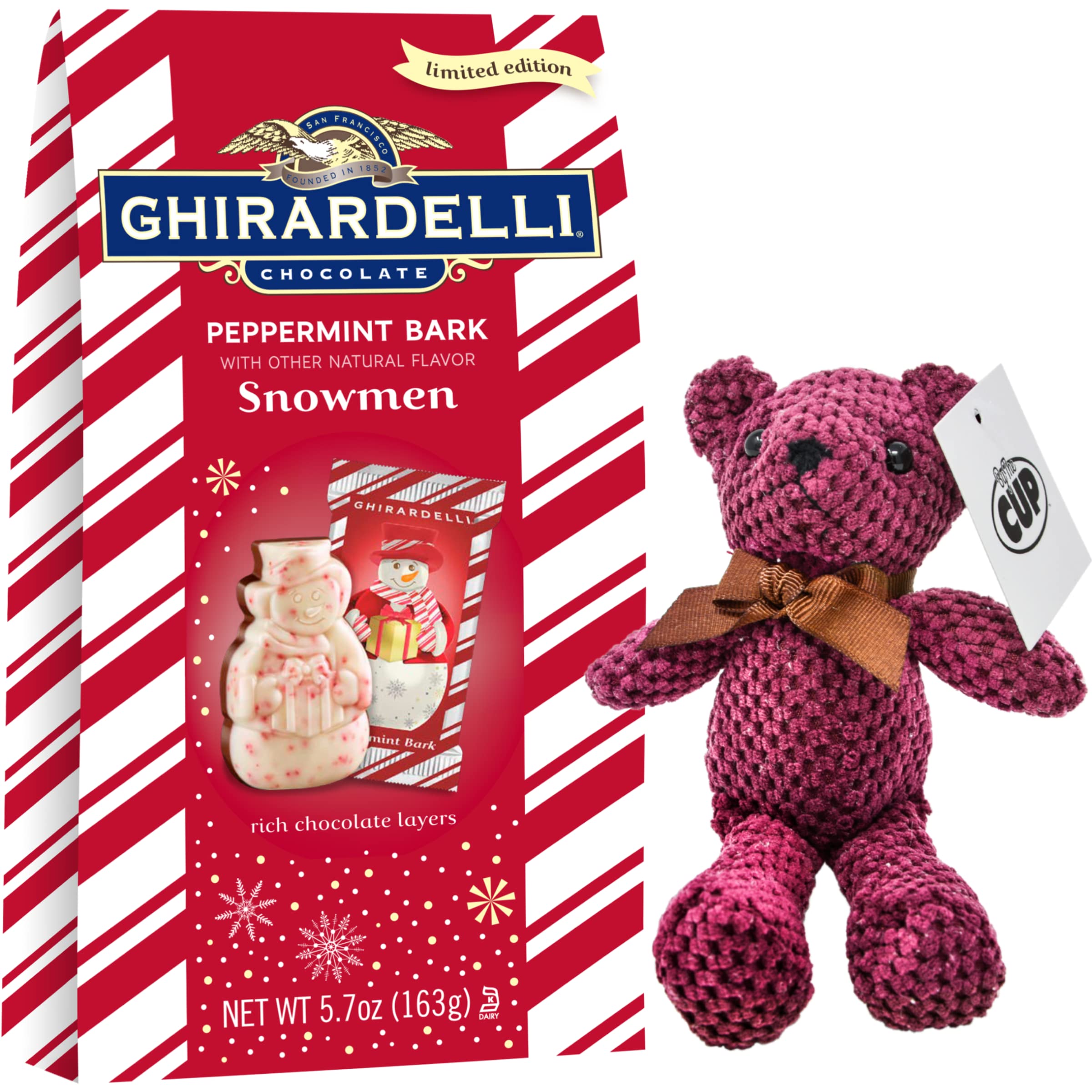 Ghirardelli Chocolate Peppermint Bark Snowmen 5.7 oz Gift Bag with By The Cup Teddy Bear Ornament