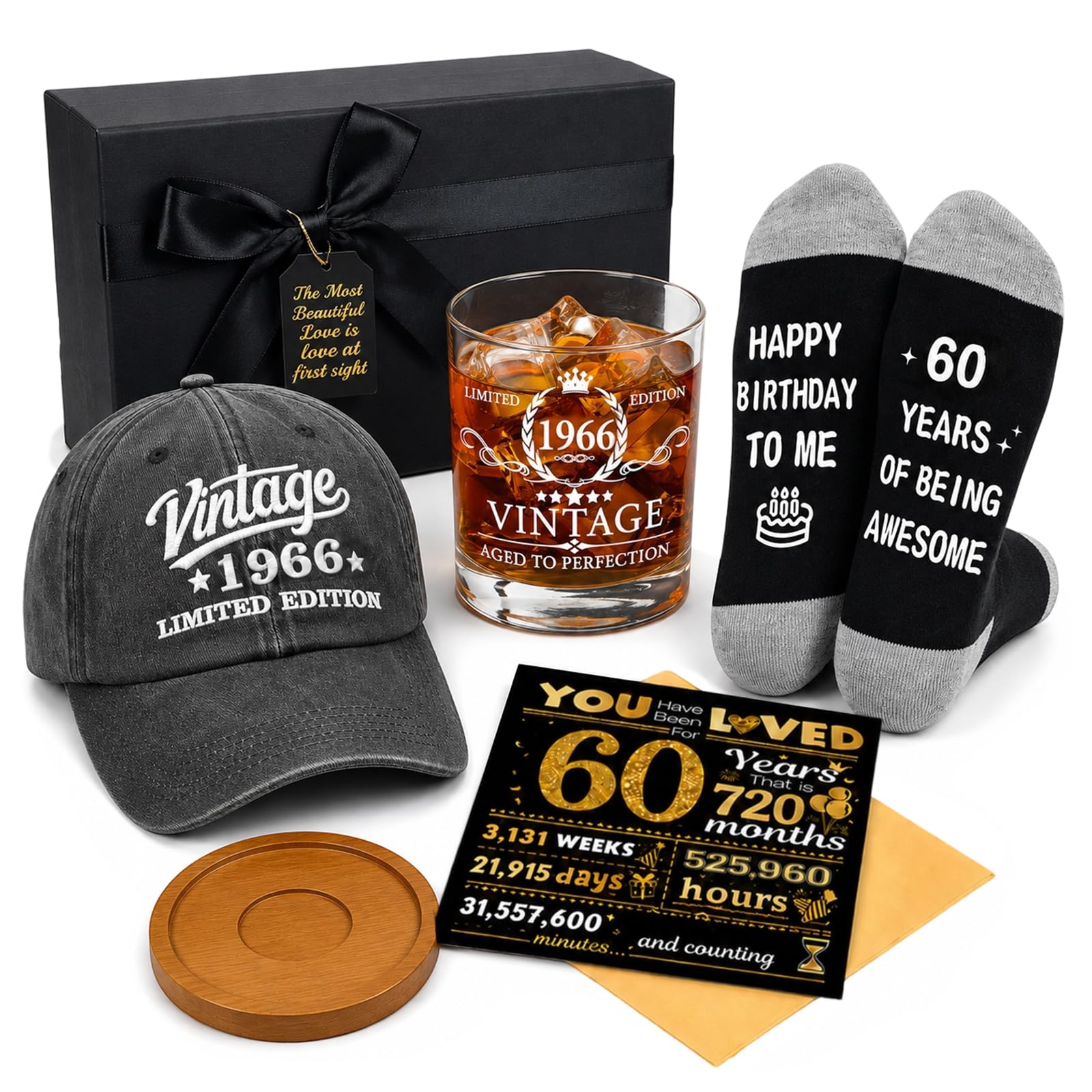 Smoosucc 60th Birthday Gifts for Men, Vintage 1966 Whisky Glass Gifts Set