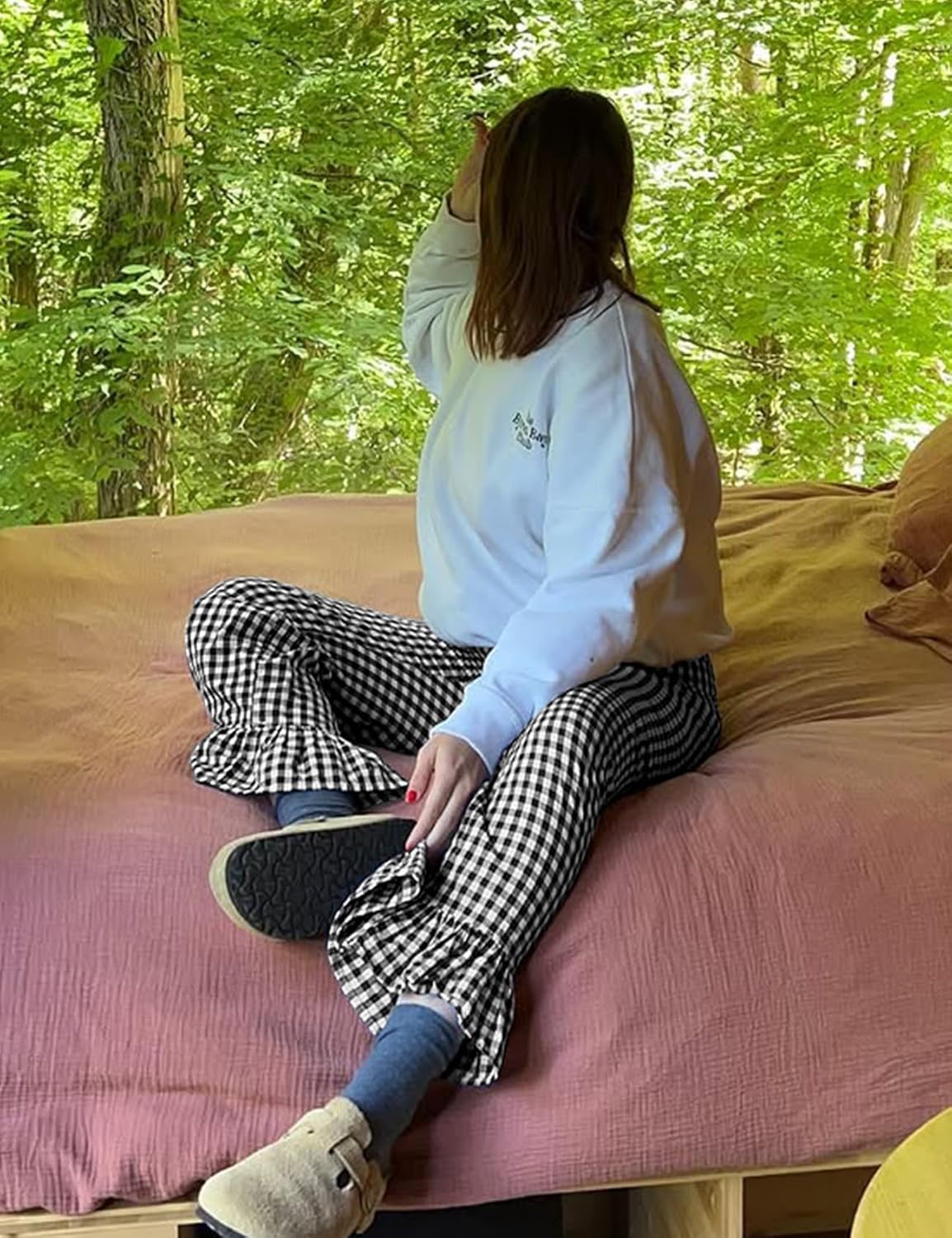 COZYPOIN Women's Gingham Pants Cotton Plaid Ruffle Hem Lounge Boxer Pant Y2K Pj Bottoms Casual Wide Leg Trousers with Pockets - Image 6