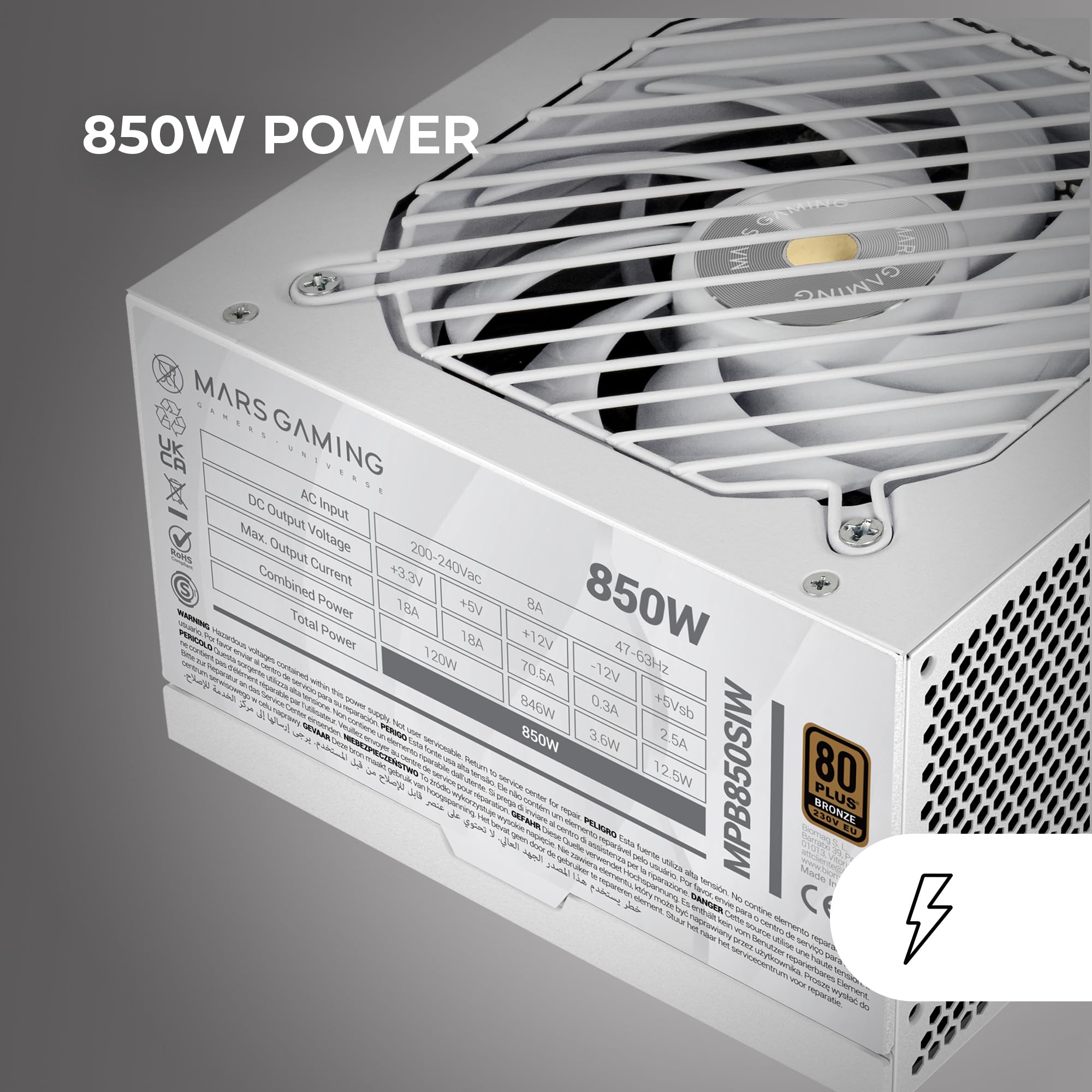 Mars Gaming MPB850SI, Alimentatore PC ATX 850W, 7 Anni di Garanzia, 80Plus Bronze 230V, 90% di Efficienza, Ventola SI Extreme Silence con Nucleo in Rame, Tecnologie AI2-RPM, DC-DC e SMD, Bianco