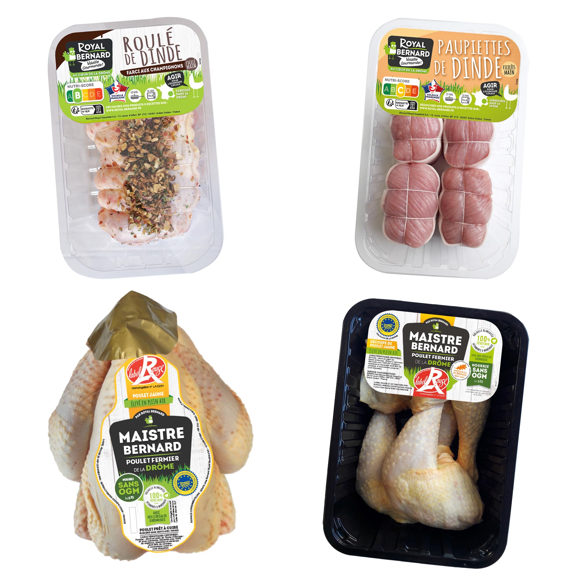 Royal Bernard - Assortiment Automnal - Colis de Viande de Volaille - 4 Barquettes de 4 Savoureux Produits - 1 Roulé de Dinde + 1 Poulet Entier + 4 Cuisses Poulet Label Rouge + 4 Paupiettes