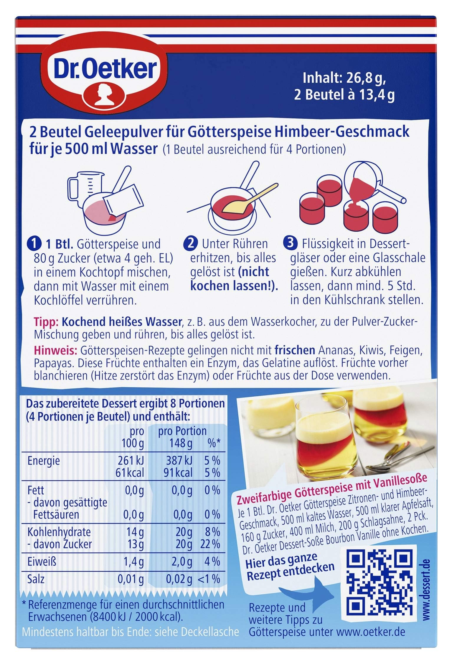 Dr. Oetker Götterspeise zum Kochen Himbeer-Geschmack, 16er Pack Dessertpulver für Wackelpudding mit Himbeer-Geschmack, 16 x 26,8 g
