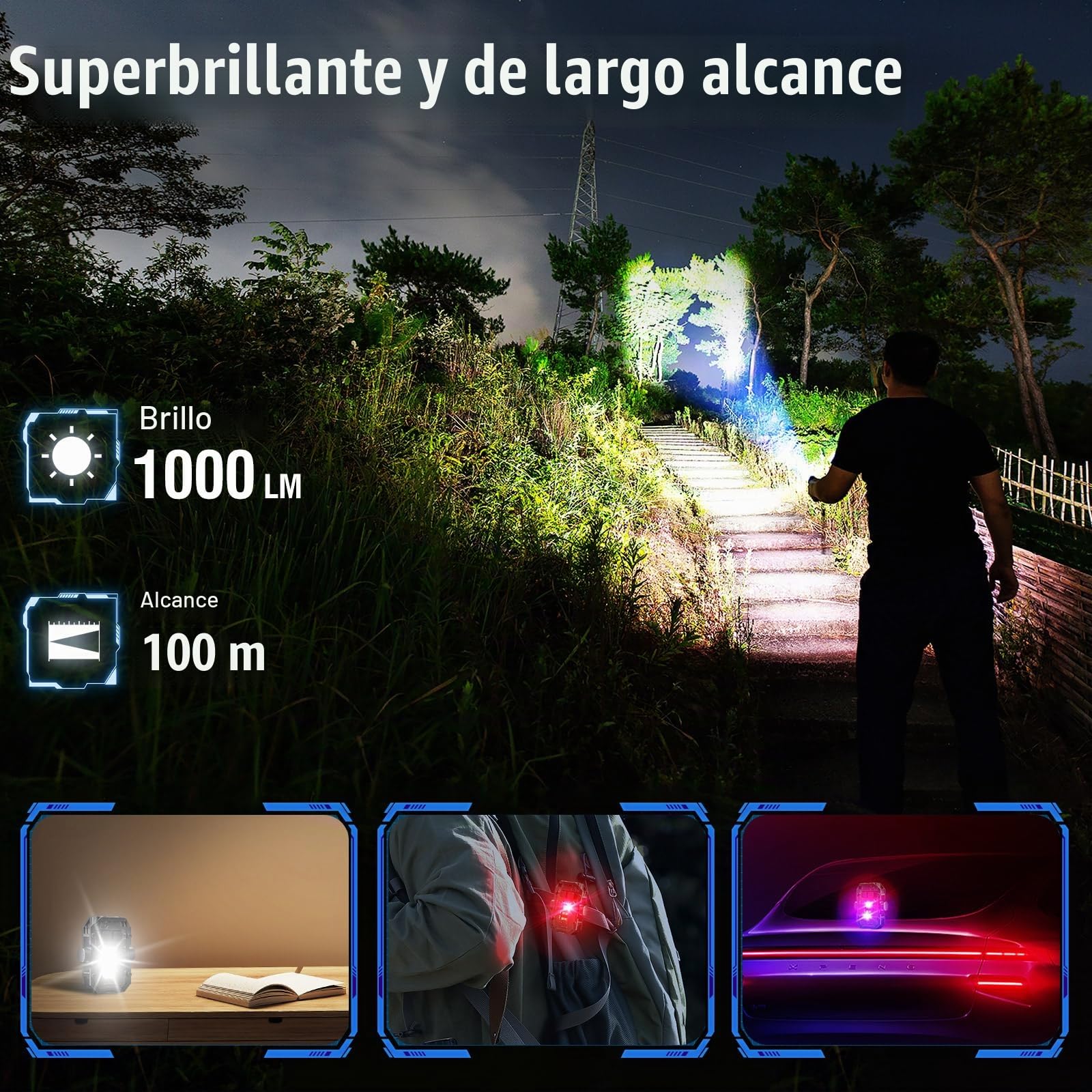 N11 Mini Linterna LED Pequeña con Swivells, con Llavero e Clip, EDC Bolsillo Linternas Alta Potencia 1000 Lumens con Flash Rojo Azul Luz Blu Emergenza,Recargable(Negro)