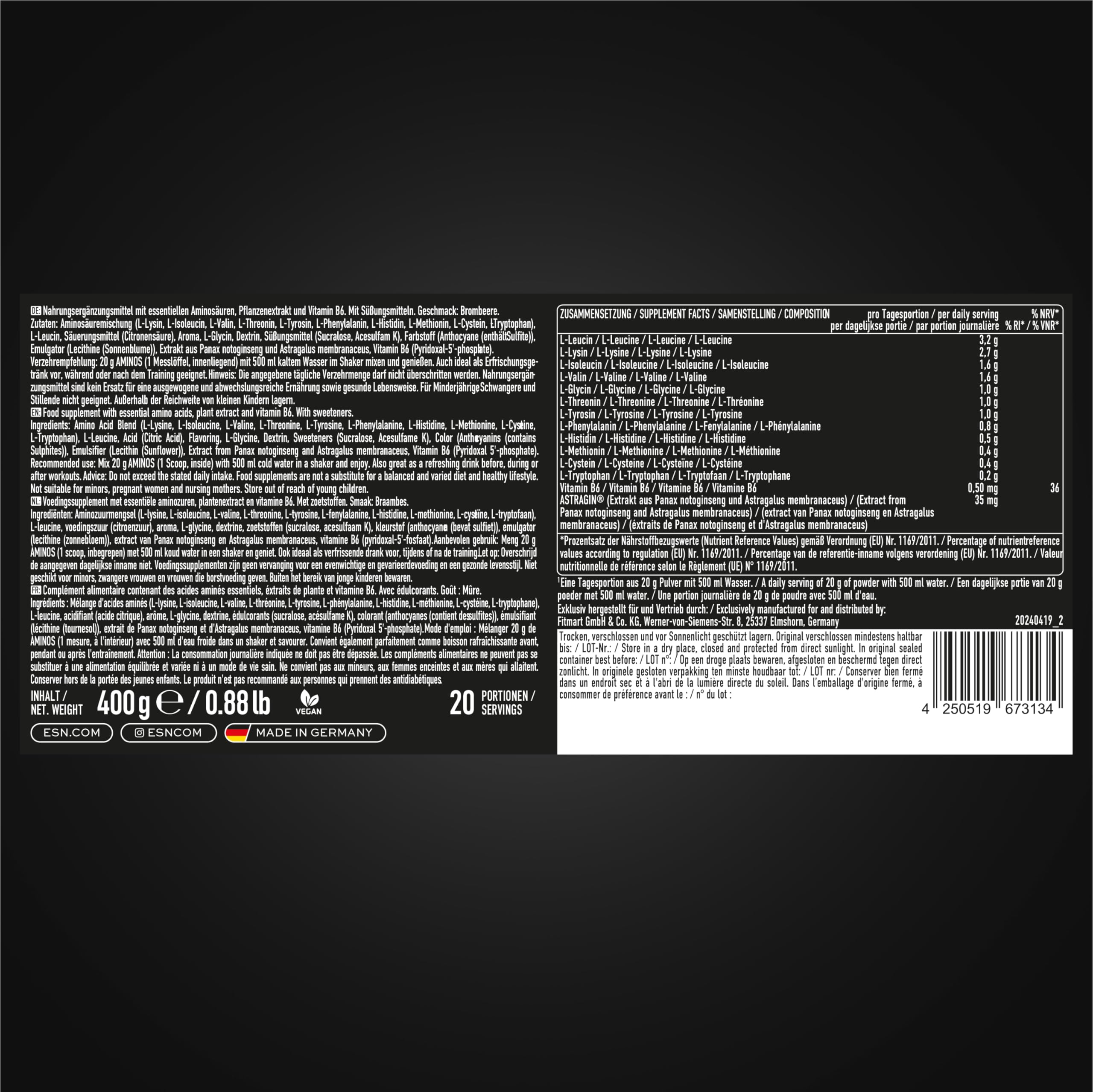 ESN AMINOS, Blackberry, 400 g, feines Amino-Pulver mit essentiellen Aminosäuren & Astragin, 3,2 g Leucin pro Portion, ideale Löslichkeit, vegan - made in Germany