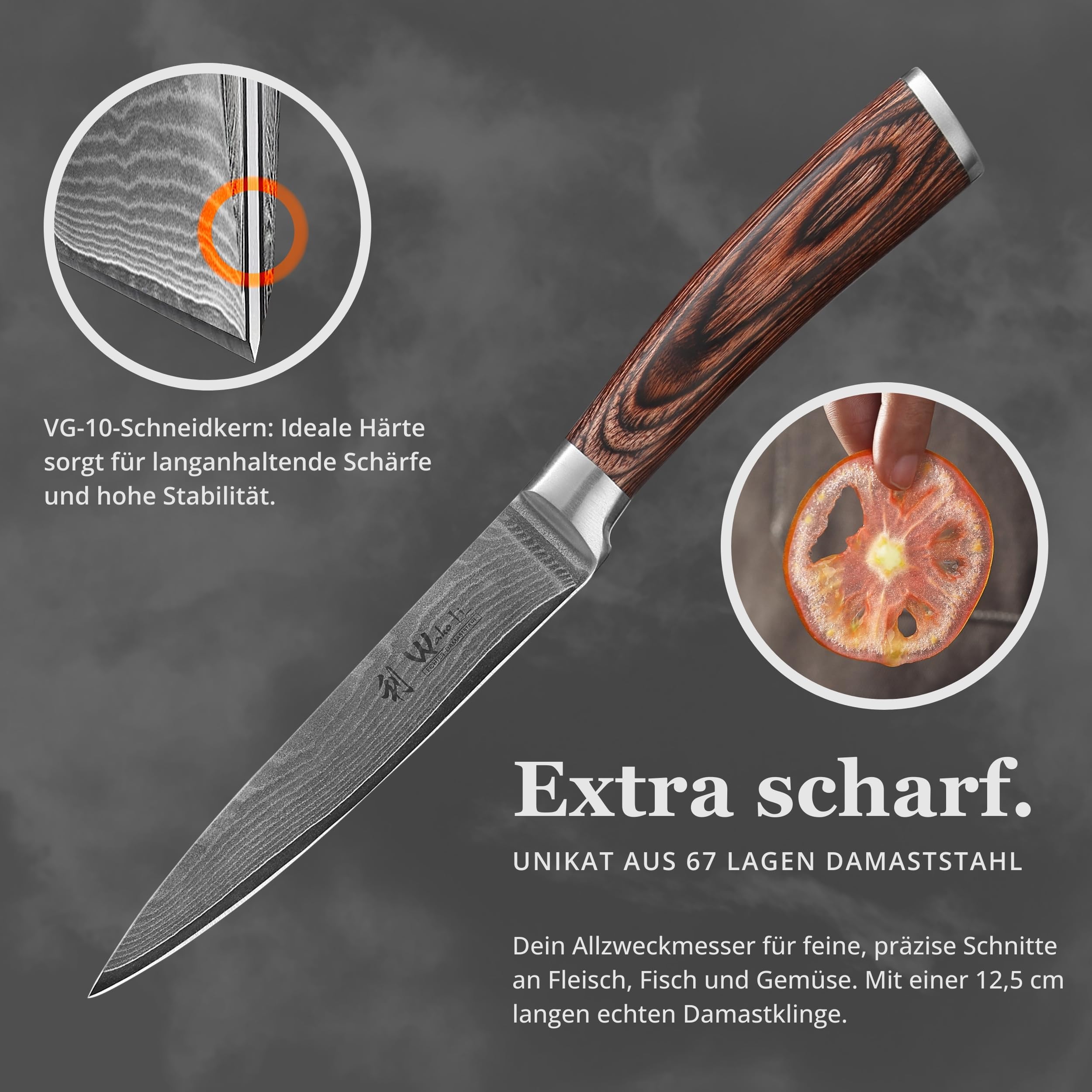 Wakoli EDIB Damast Allzweckmesser mit Gravur – Personalisiertes Messer, 12,5 cm Klinge aus 67 Lagen Damaststahl (VG10-Kern), Pakkaholzgriff – Einzigartiges Küchenmesser Geschenk, Geschenkverpackung