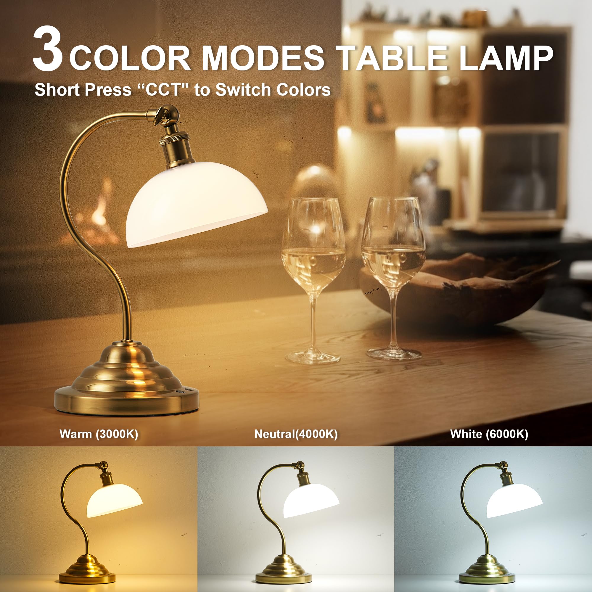 KARTOOSH Cordless LED Table Lamp, 180° Swing Arm Desk Lamp, Battery Operated,Dimmable/3 Color, Vintage Rechargeable Table Light for Living Room,Bedroom,Bedside, White Shade, Brass