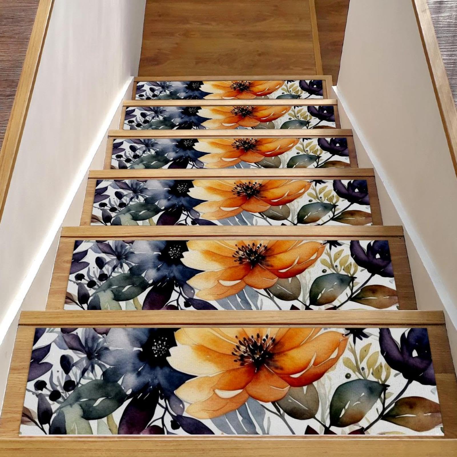 Peldaños de escalera de madera CHENZZZZ con diseño de hojas verdes alfombras de 8x30 pulg
