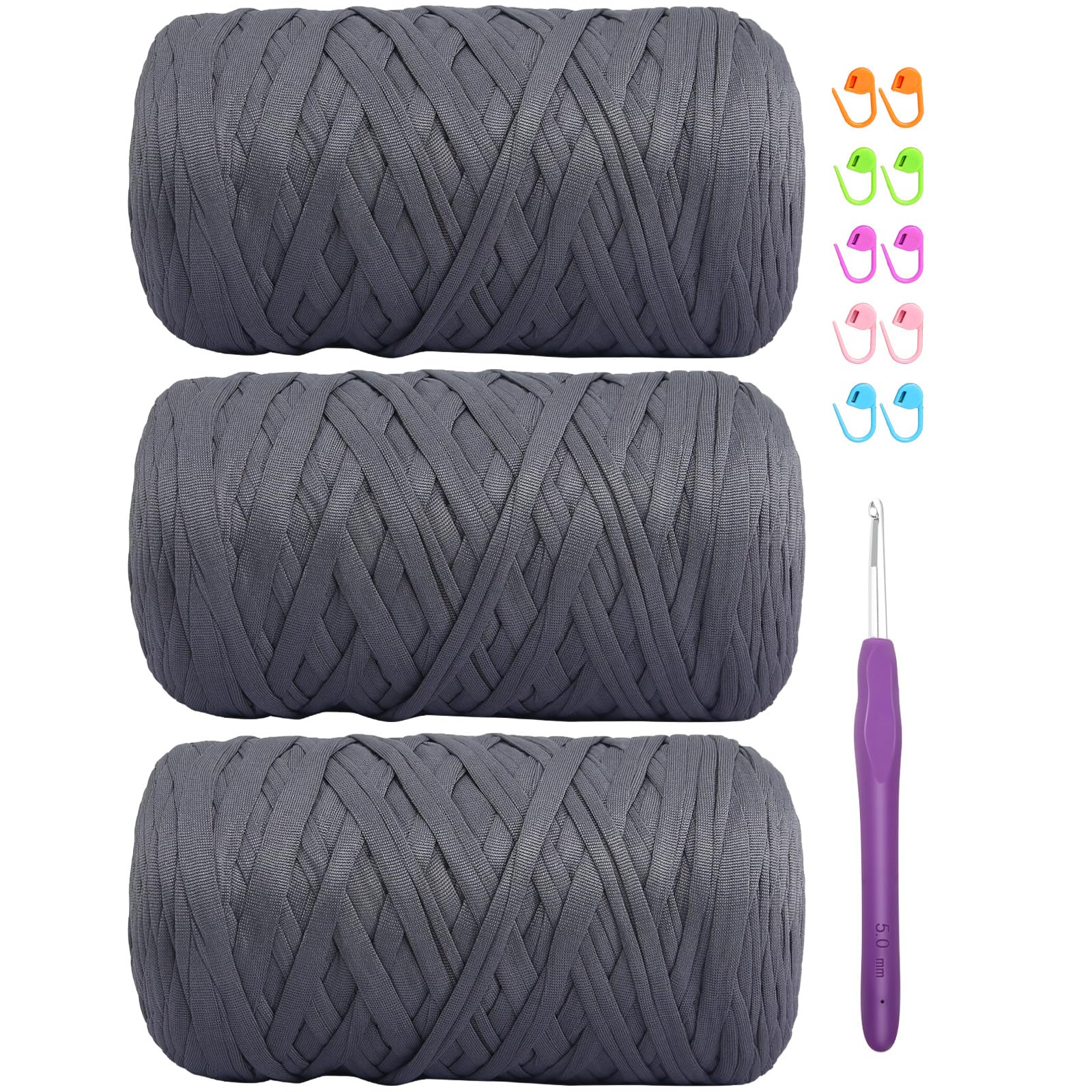 SIMEIQI 1200g T-Shirt Yarn (3x400g) for Crochet, Thick Spaghetti Yarn, Dark Grey