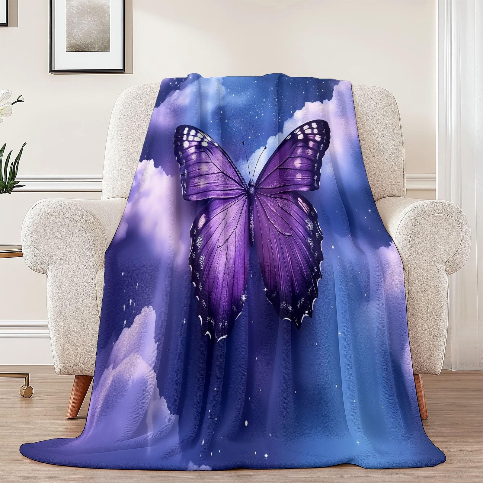 Coperta in pile di flanella 200 x 220 cm, Morbido e caldo, Motivo con Cielo Stellato Fantasy Farfalla, Coperta per camera da letto soggiorno ufficio, Viola