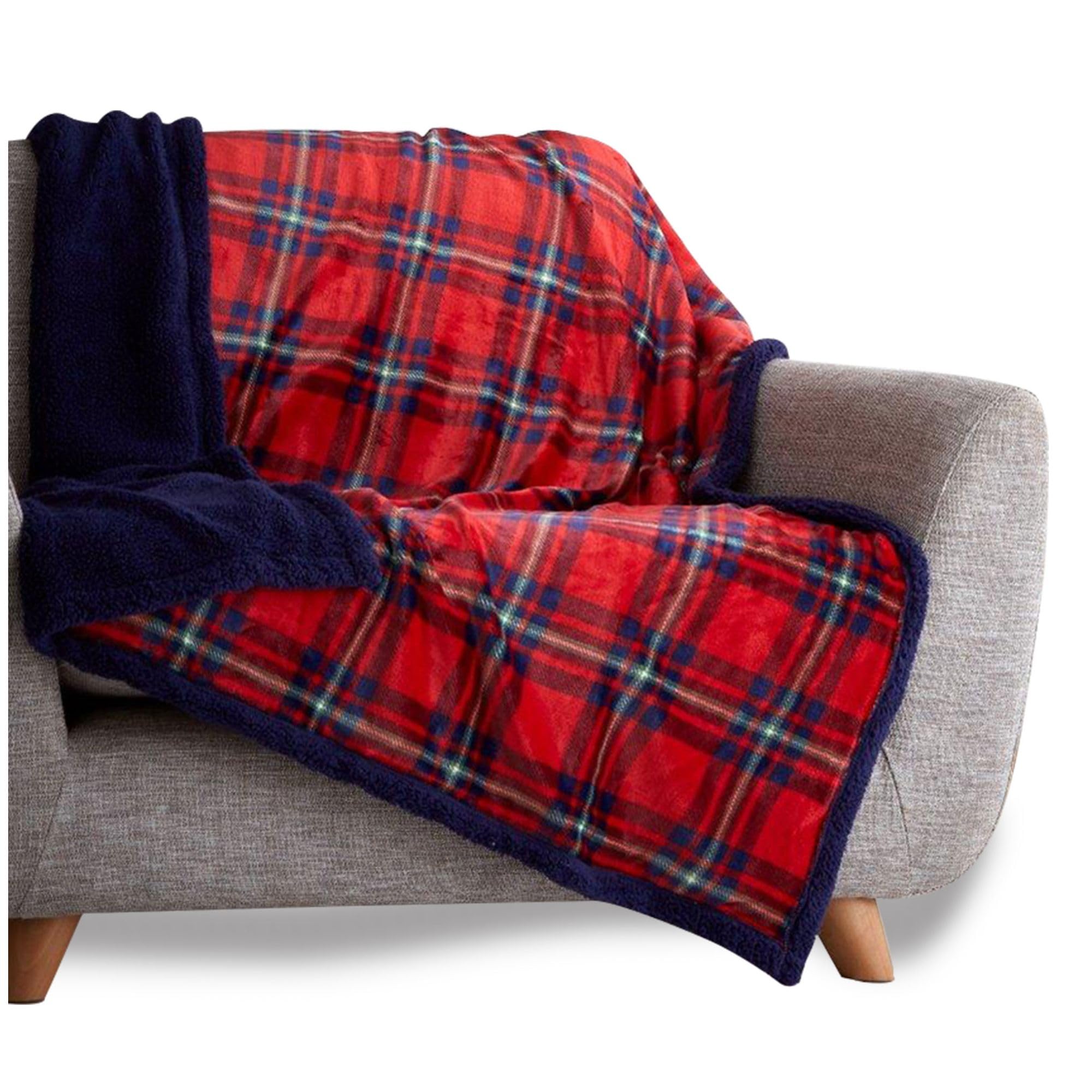 VELVETIO Tartan Check Throw for Sofa Bed 130 x 180cm, Thermal Warm Large Teddy Fleece Couch Blanket, Ultra Soft Lightweight Fluffy Armchair Throws, Red/Navy
