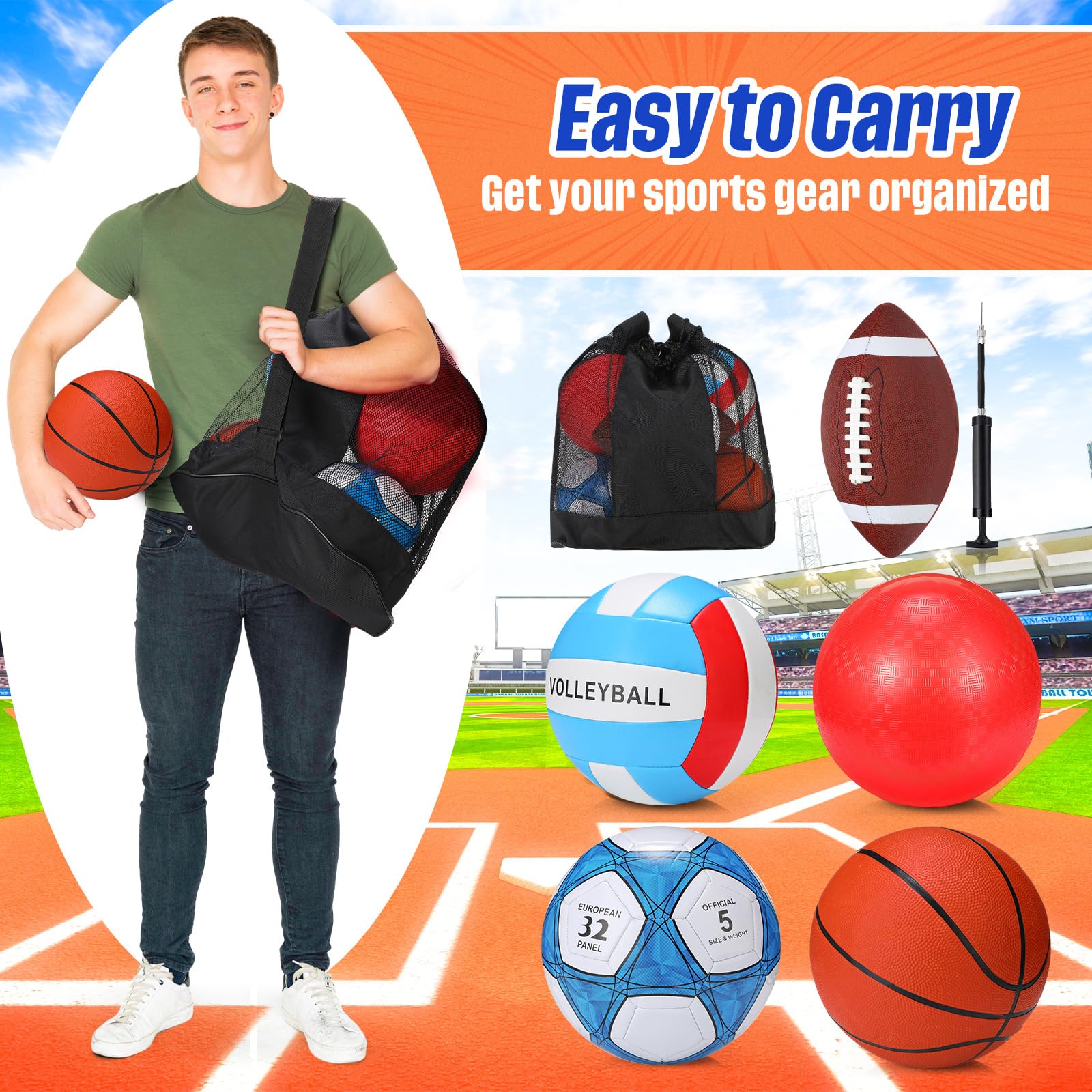 Juego de 5 pelotas deportivas, pelotas deportivas de tamaño oficial surtido, incluye baloncesto, fútbol, voleibol, pelota con bolsas y bombas, paquete de pelotas deportivas para niños, juguetes 3