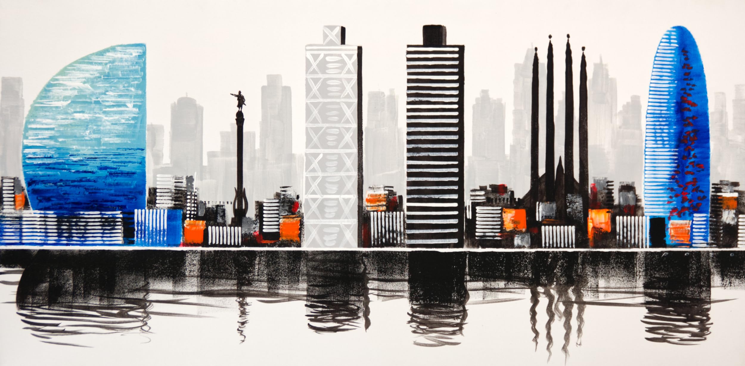 Cuadro Pintado Ciudad de Barcelona 100x50 cm, Moderno, en Blanco y Negro y Detalles en Naranja y Azul. 100% Original, sobre Lienzo. Listo para Colgar